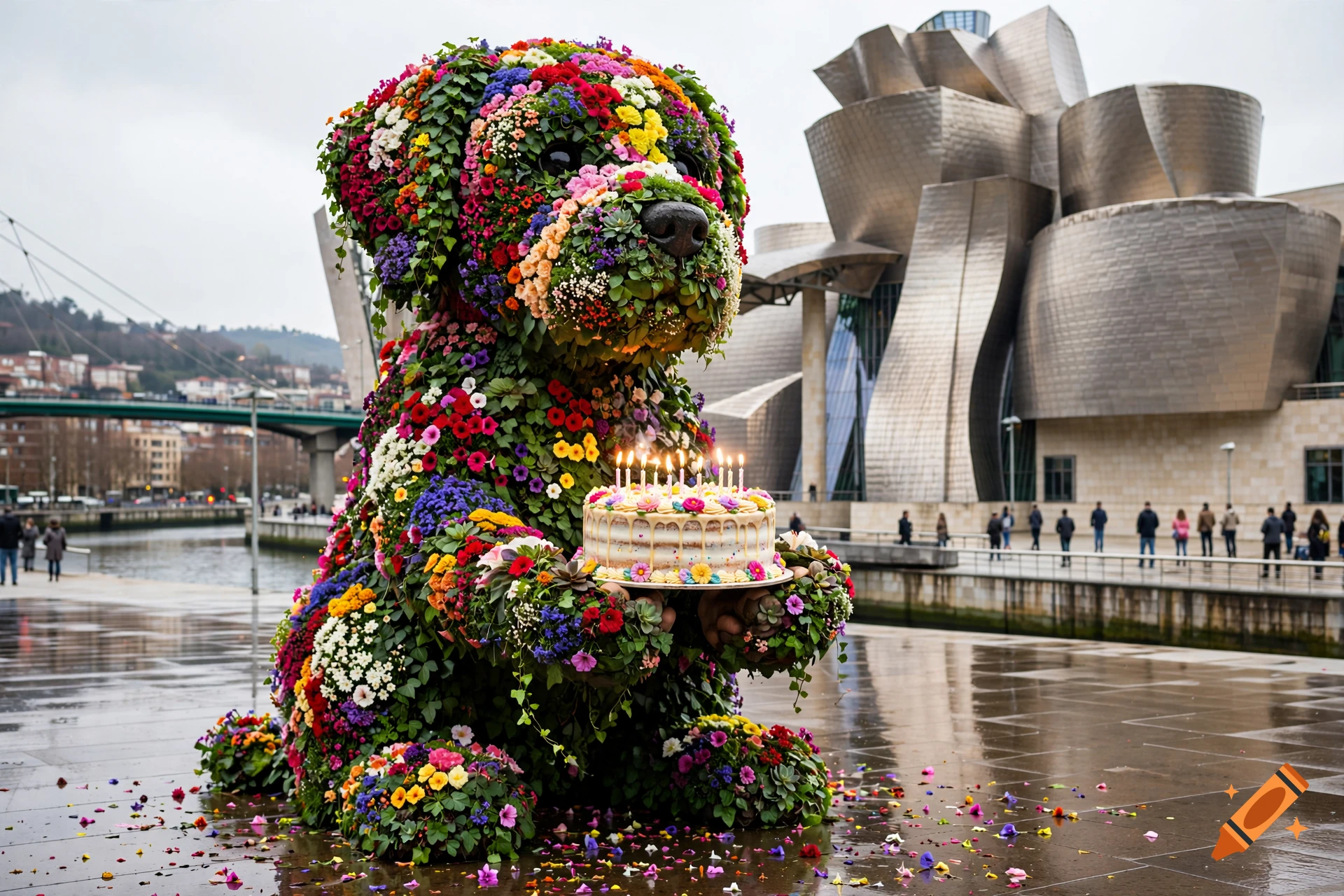Photorealistic image of the Puppy flower sculpture in front of the Guggenheim Museum Bilbao, holding a birthday cake with lit candles.