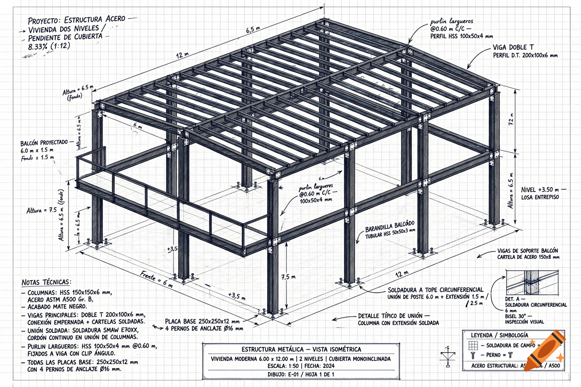 Detailed 3D isometric architectural sketch of a steel structural frame for a two-story modern house on grid graph paper.