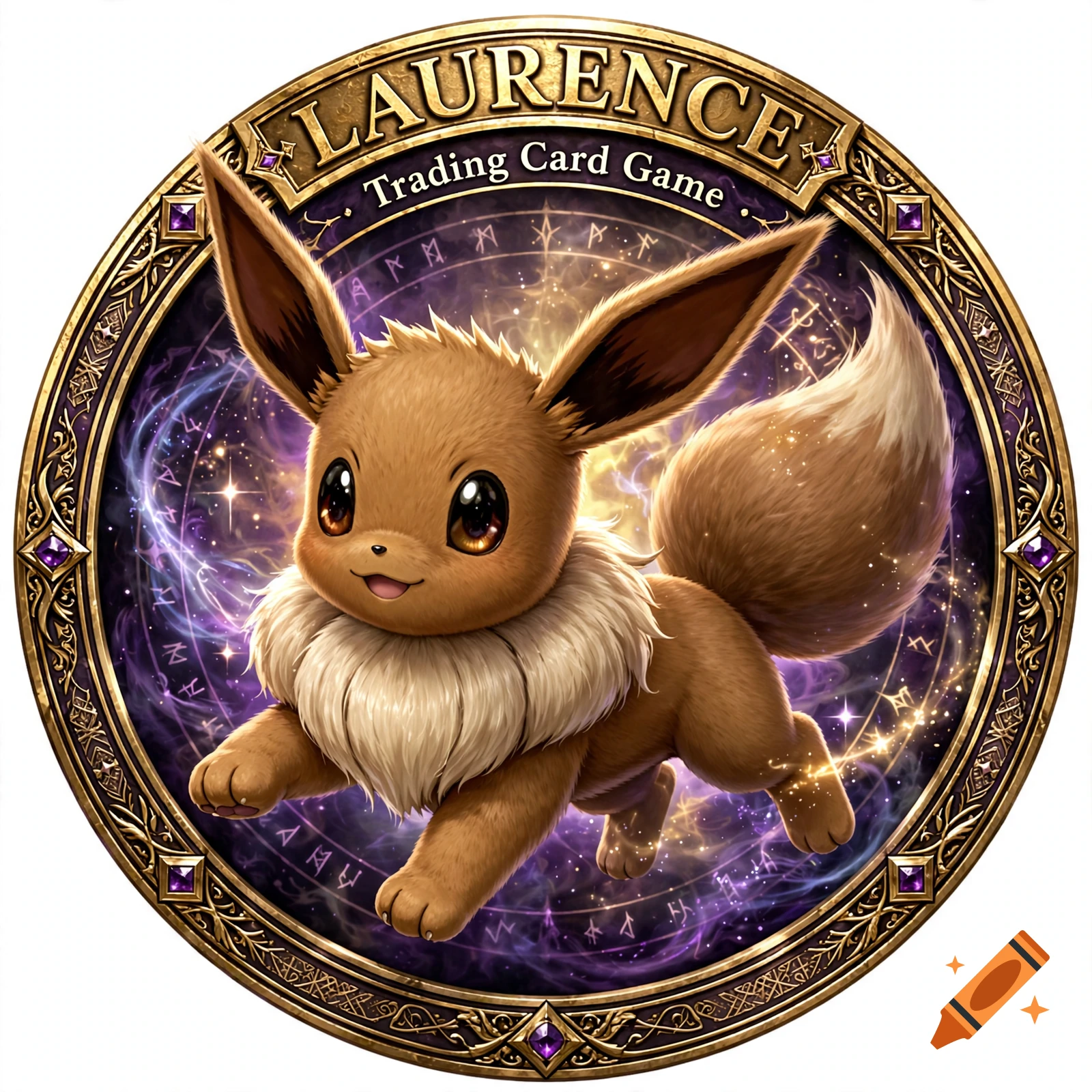 Circular fantasy trading card game logo featuring the character Eevee running against a purple cosmic background.
