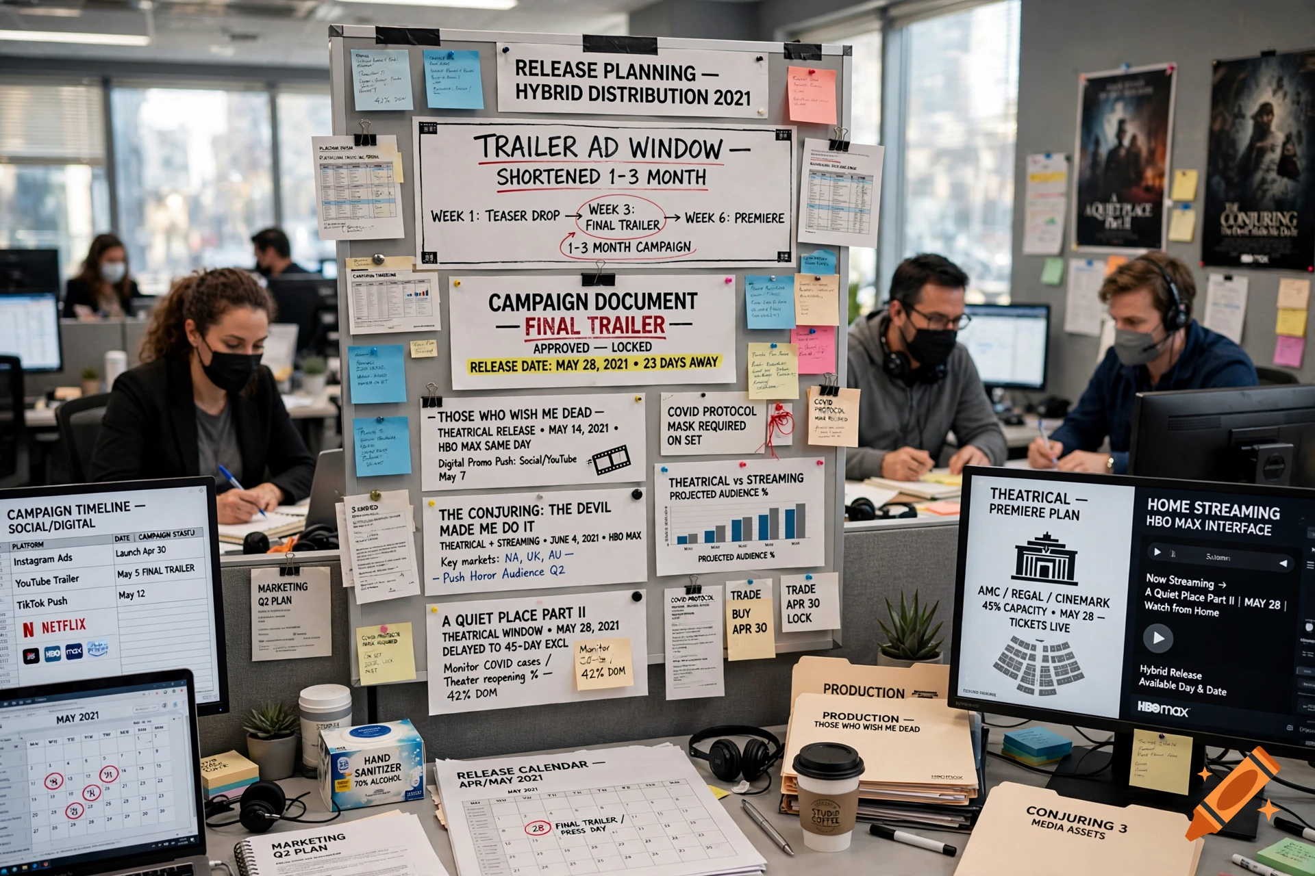 An office environment showing employees working at cubicles with a central planning whiteboard displaying release schedules, campaign documents, and notes.