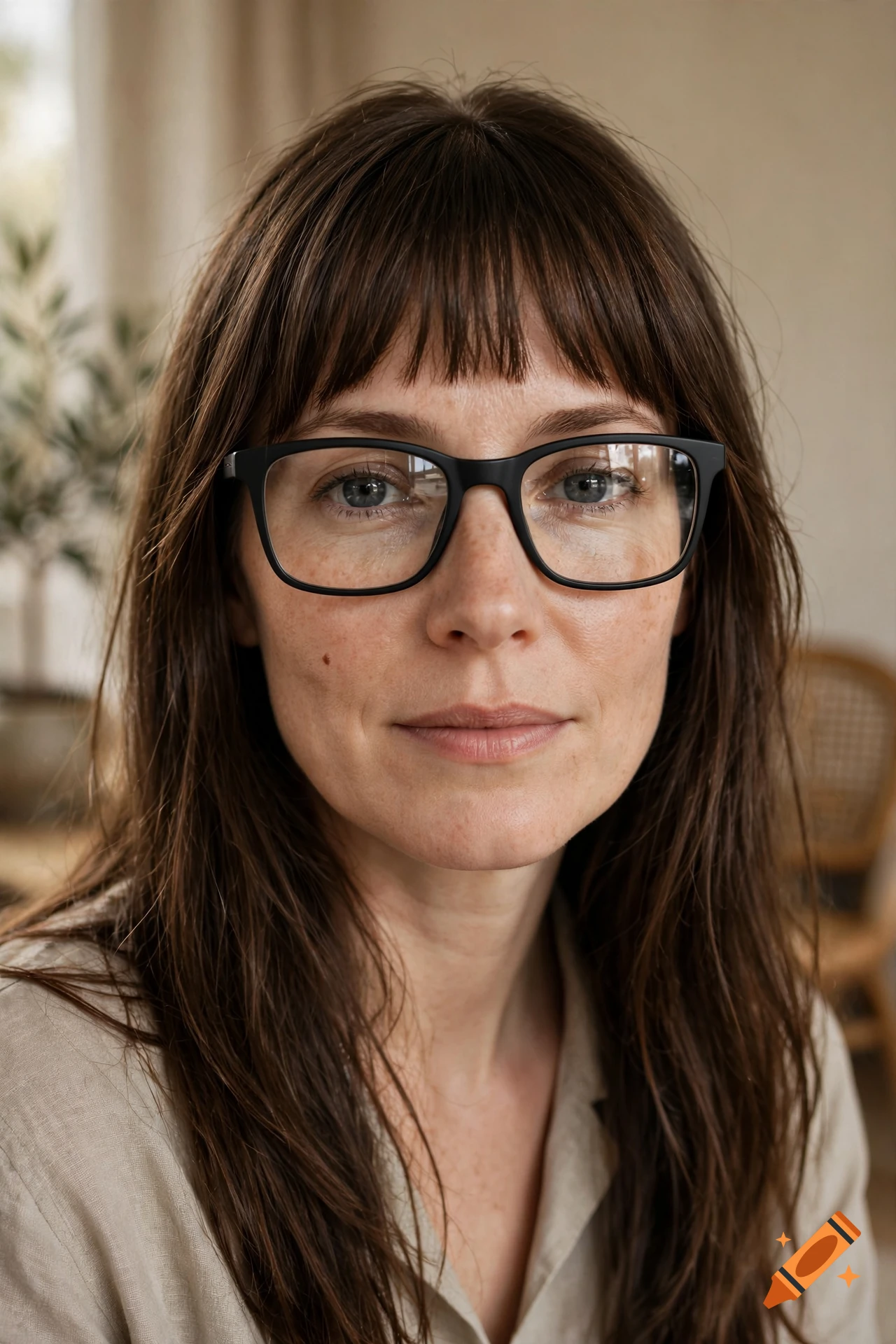 Photorealistic close-up portrait of a woman with long brown hair, bangs, freckles, and black rectangular glasses.