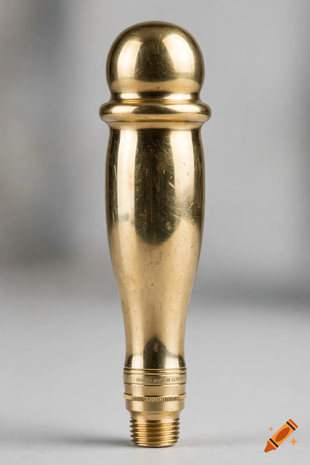 Close-up of a polished brass trumpet mouthpiece standing upright against a neutral grey background.