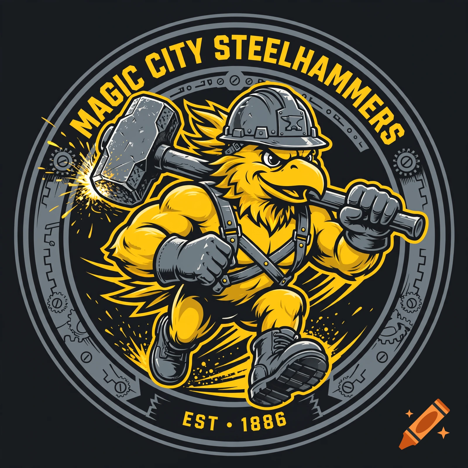 Vector sports logo featuring a muscular yellow bird in a hard hat carrying a sledgehammer, with text reading 'MAGIC CITY STEELHAMMERS'.