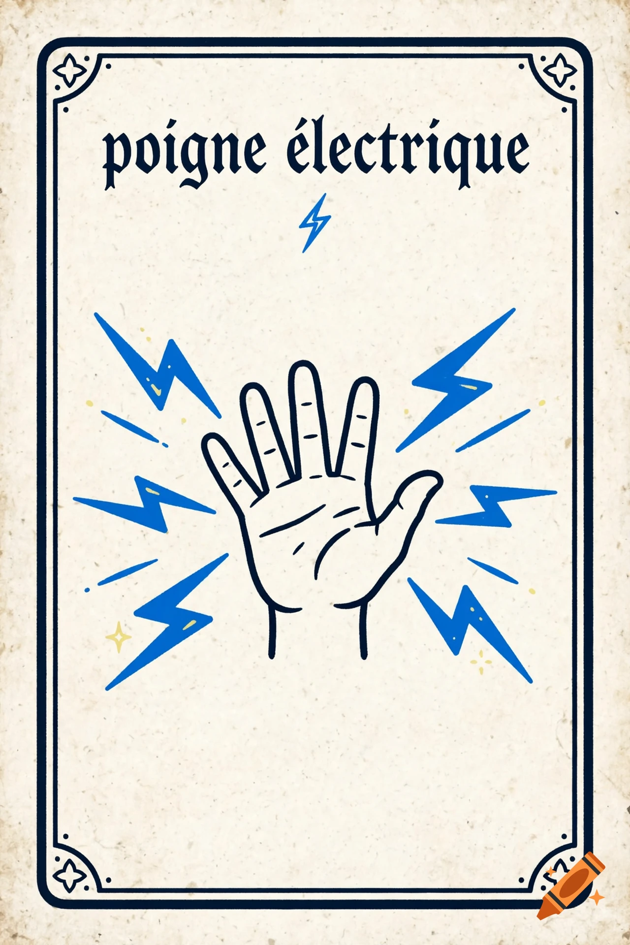 Line art illustration of a D&D spell card titled poigne electrique featuring a hand surrounded by lightning bolts.