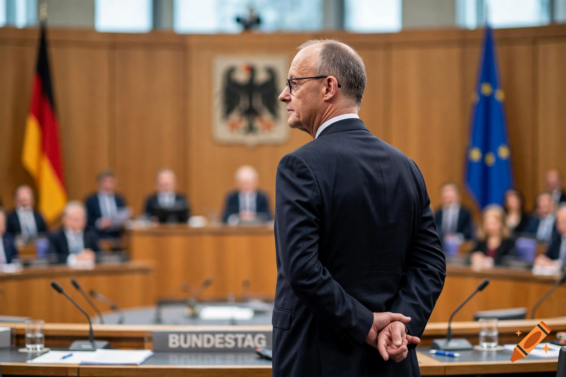 Photorealistic image of Friedrich Merz in a parliamentary setting with the German coat of arms in the background.
