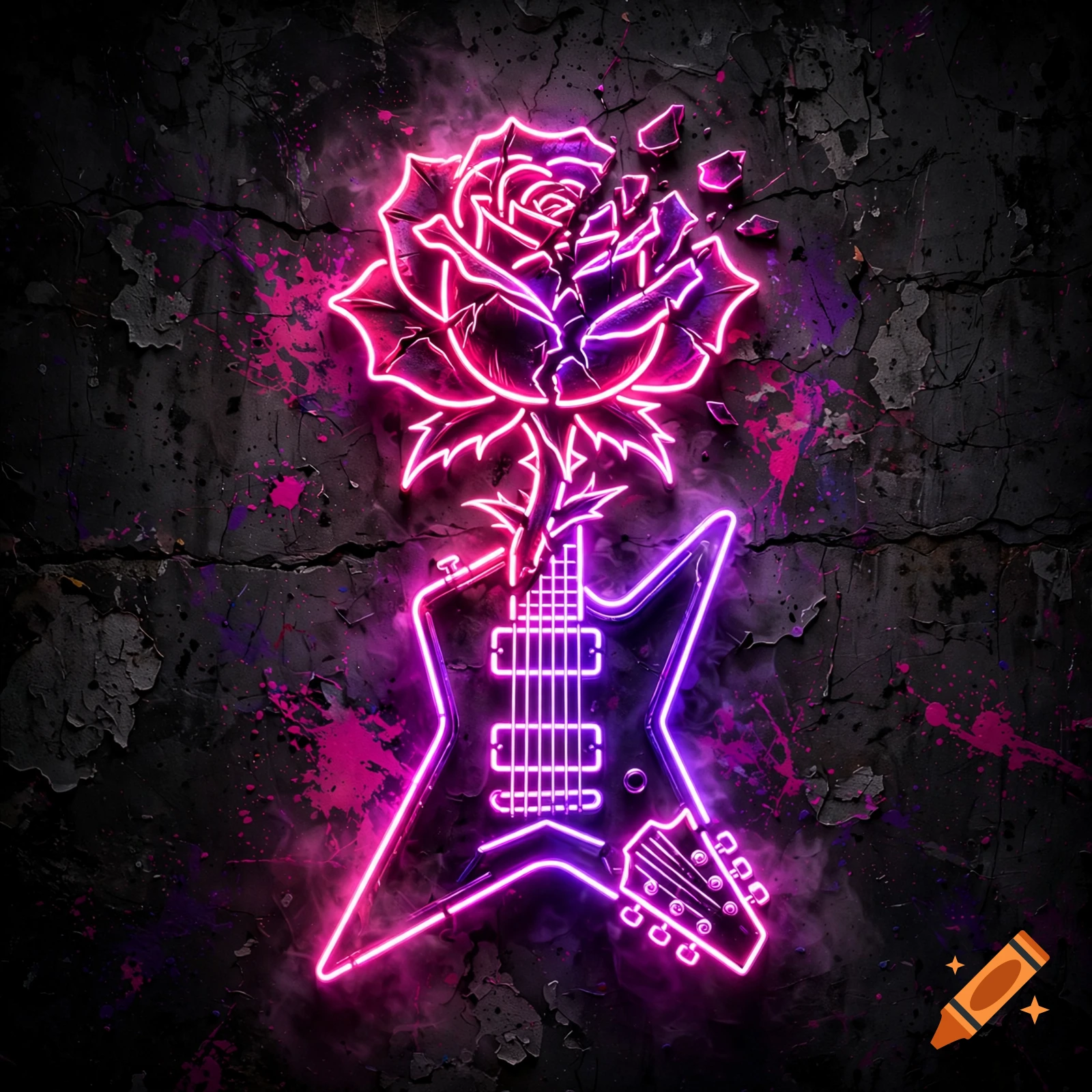 Neon sign shaped like a broken rose and electric guitar against a dark grunge wall with paint splatters.