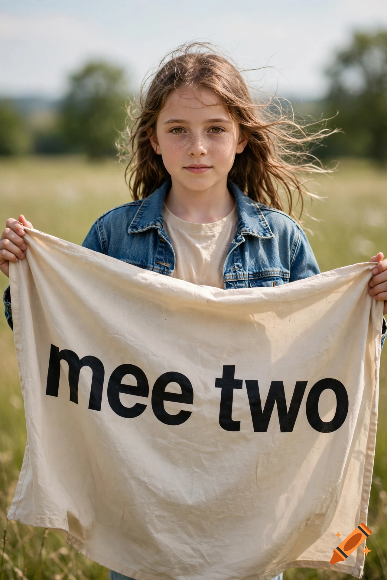 Photorealistic portrait of a young girl with freckles outdoors, holding a banner with the text 'mee two'.