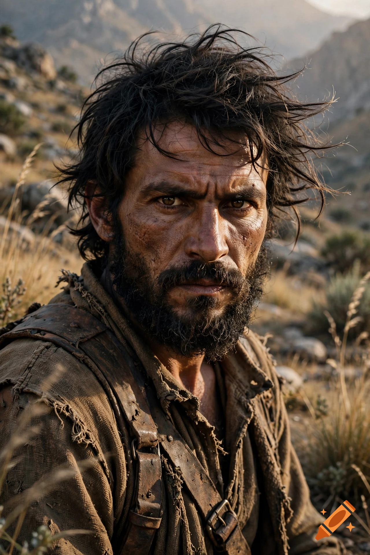 Photorealistic close-up portrait of a rugged, unkempt man with a dark beard and intense gaze outdoors in a mountainous setting.