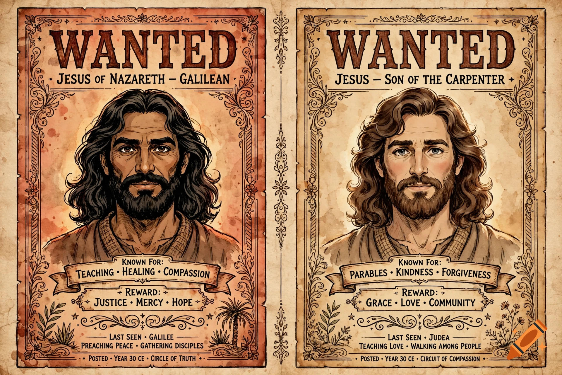 Two wanted style vintage posters featuring portraits of Jesus with different ethnicities and text in English.