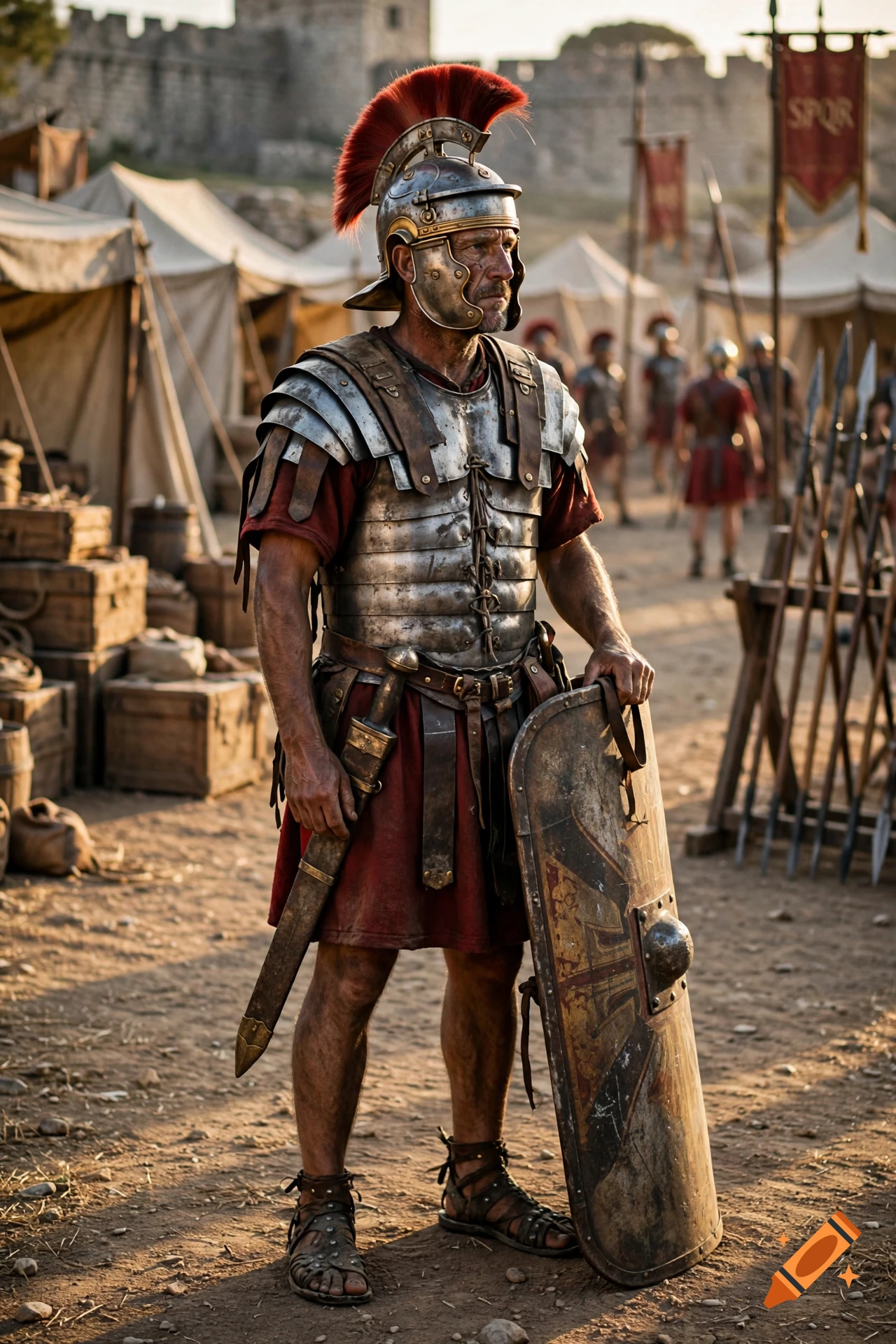 Photorealistic image of a Roman legionnaire in full armor standing in a military camp.