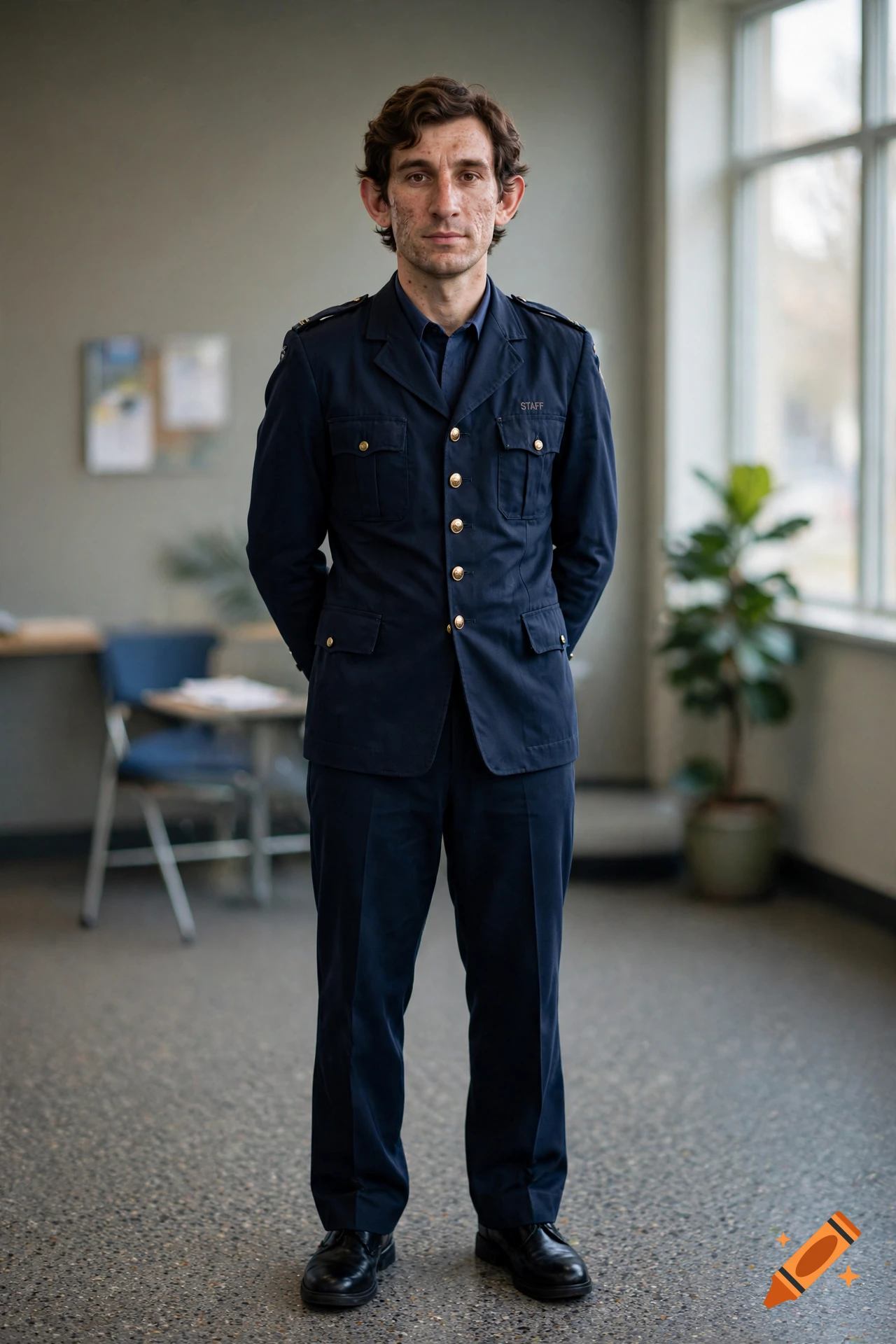 Photorealistic full-body portrait of a tall man in a blue uniform with close eyes, big nose, acne, and big ears standing in an office.