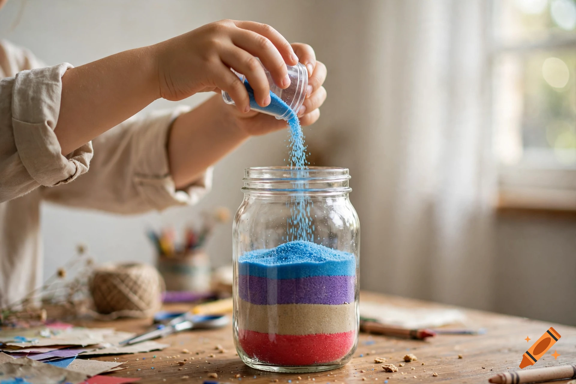 A child pours blue colored sand from a small container into a glass jar filled with layered colored sand on a wooden table.