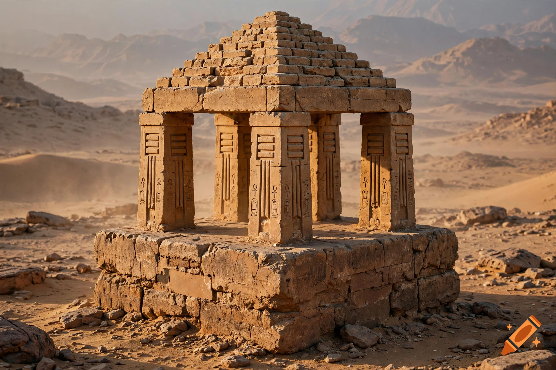 An ancient stone shrine with carved pillars and a tiered roof stands in the middle of a desert landscape with distant mountains.