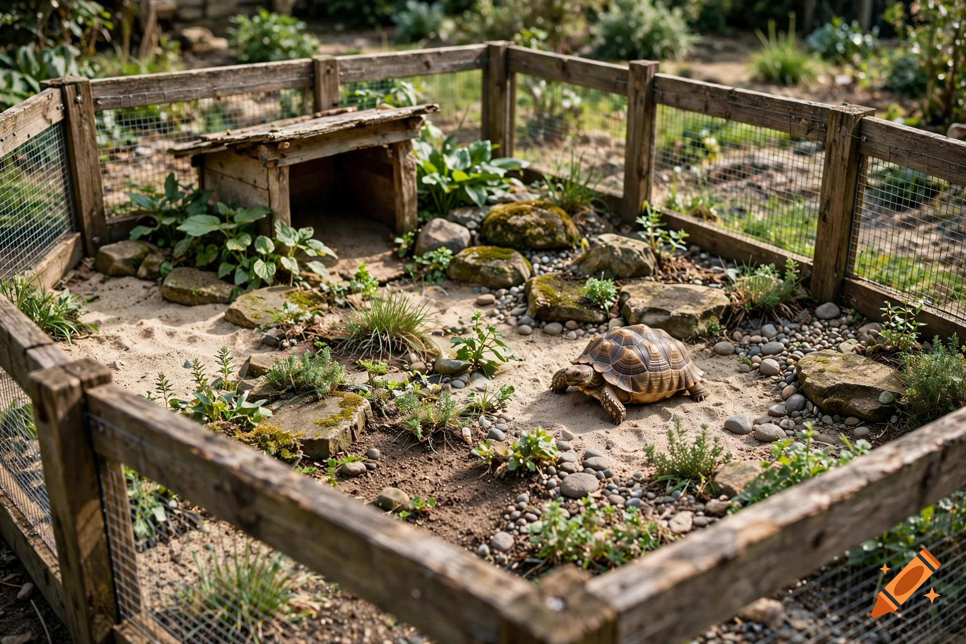 Photorealistic tortoise in an outdoor wooden enclosure with sand, rocks, and small plants.