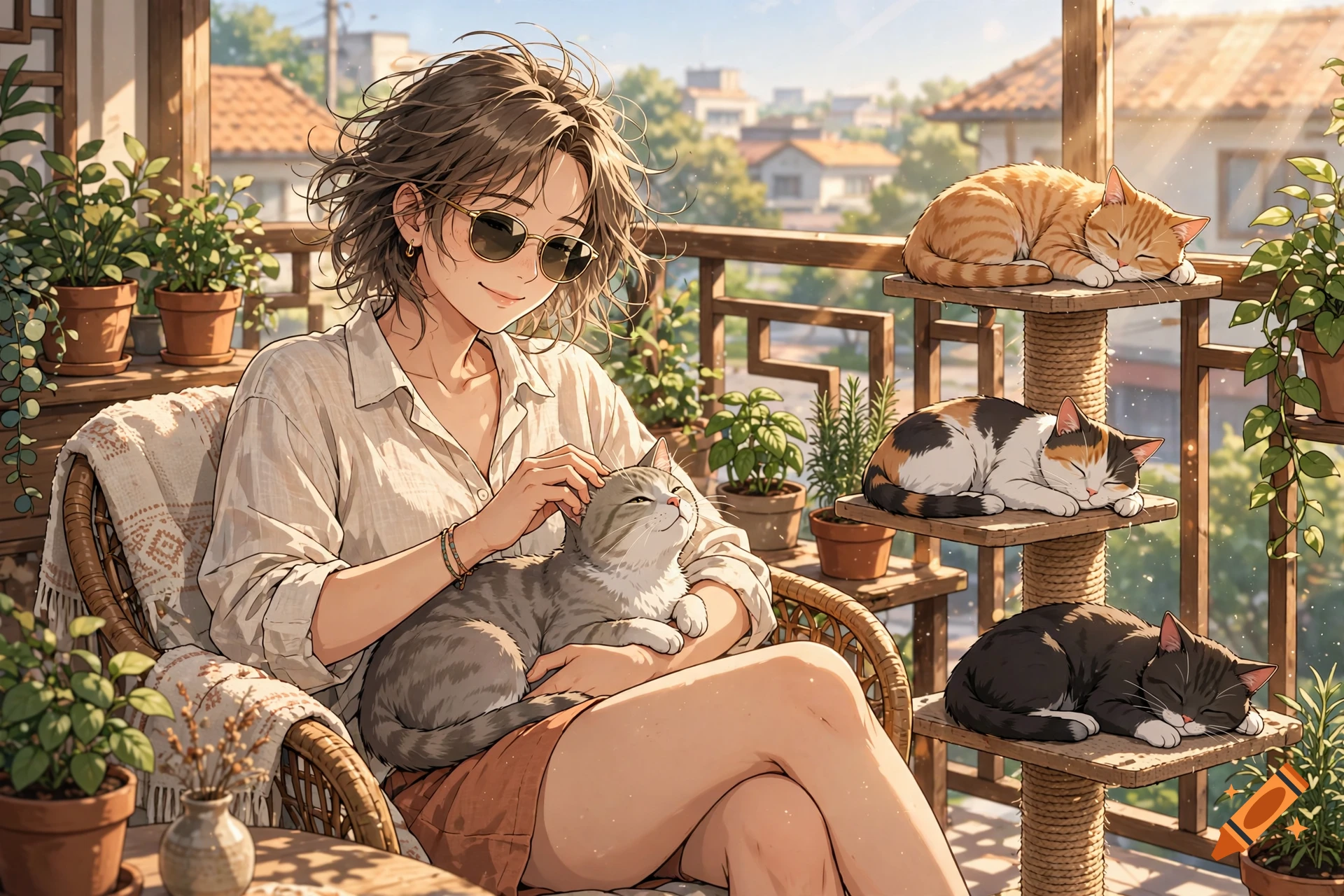 An anime-style illustration of a woman relaxing on a sunlit balcony with four sleeping cats.