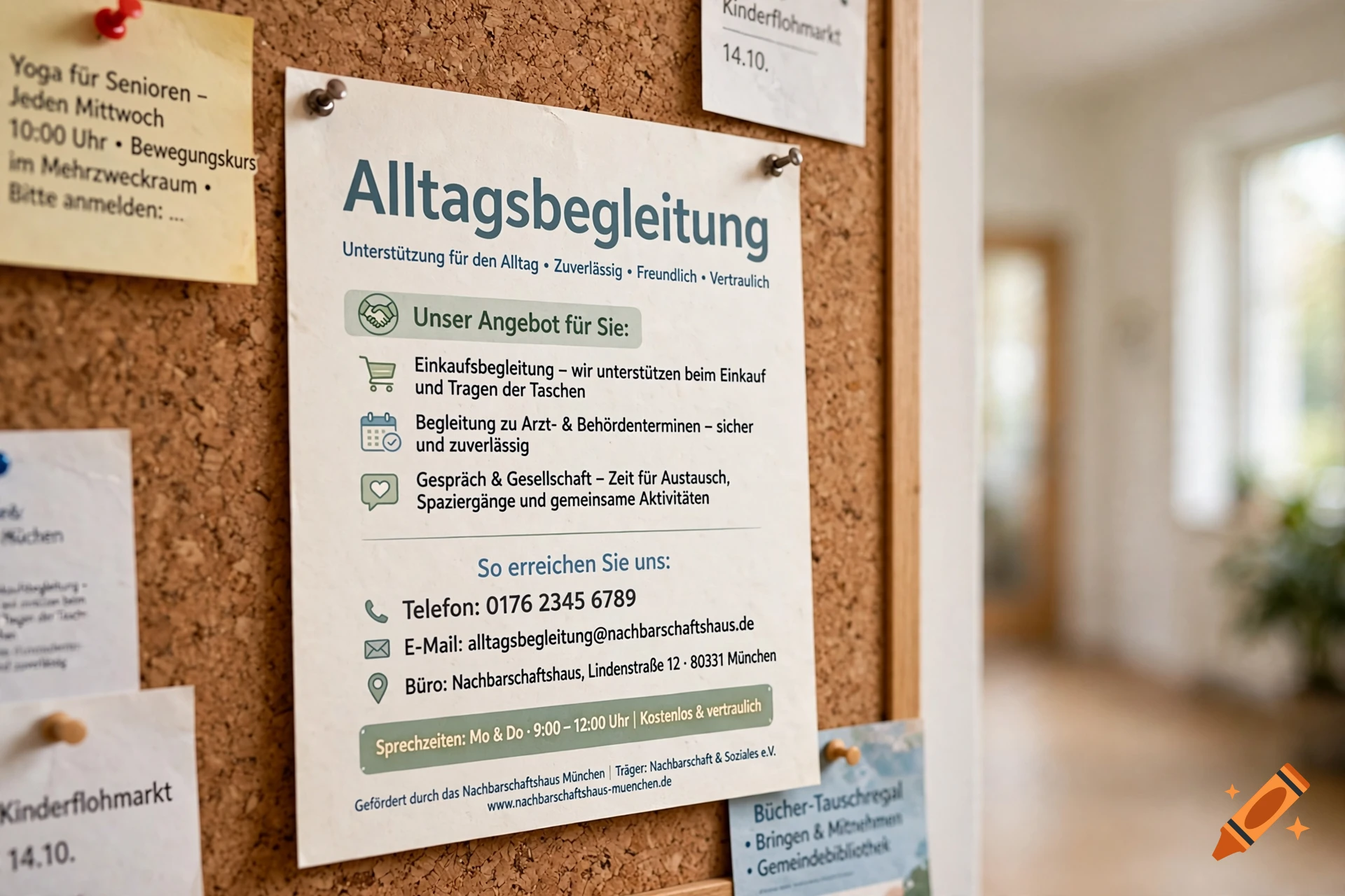 An informational flyer titled Alltagsbegleitung pinned to a corkboard.