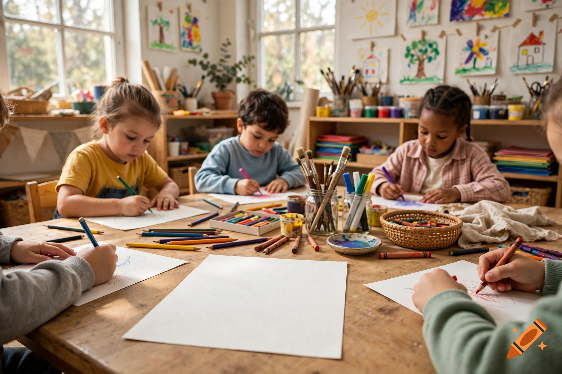 Children drawing and painting at a wooden table in a bright kindergarten art room.