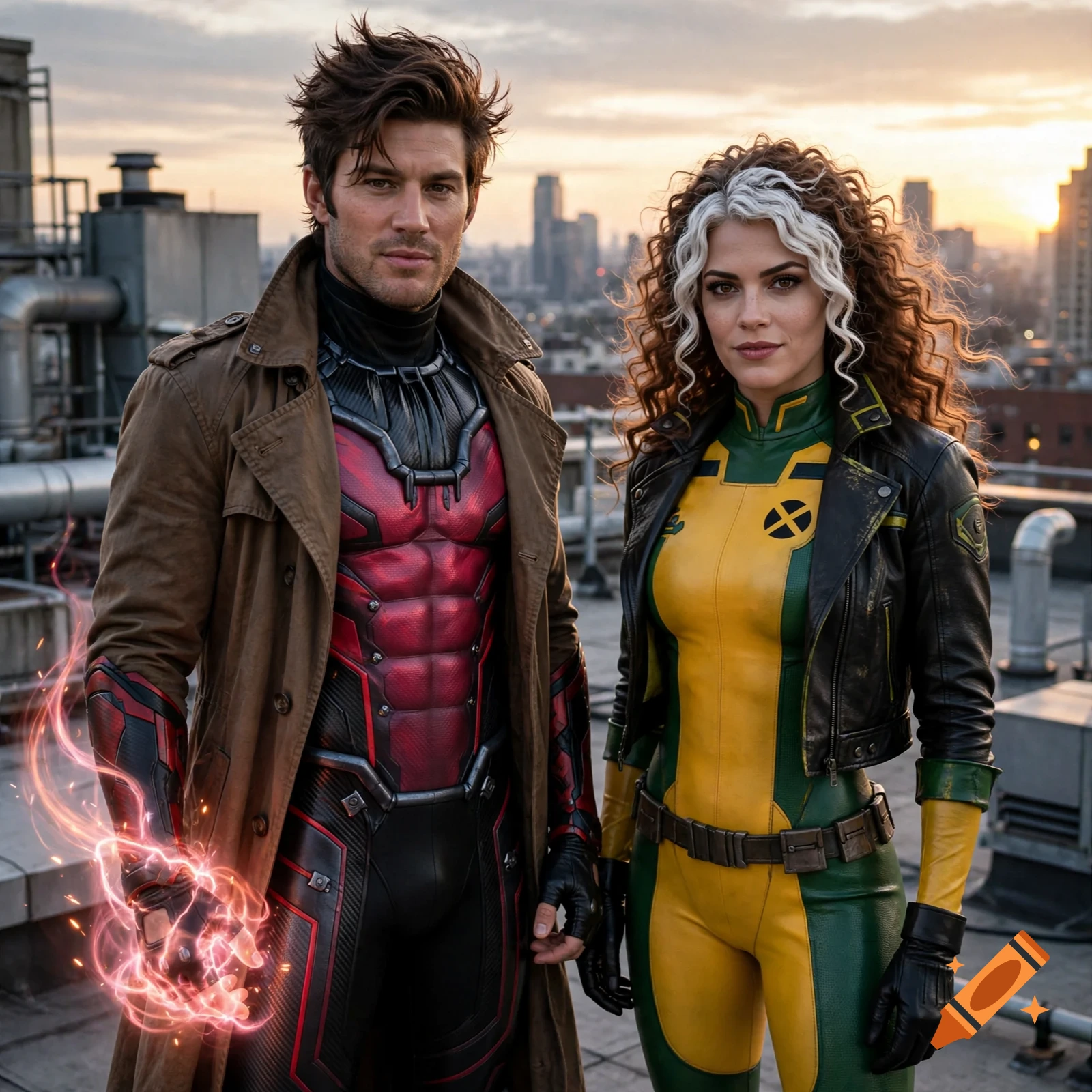 Photorealistic image of Gambit and Rogue standing on a rooftop in a city at sunset.