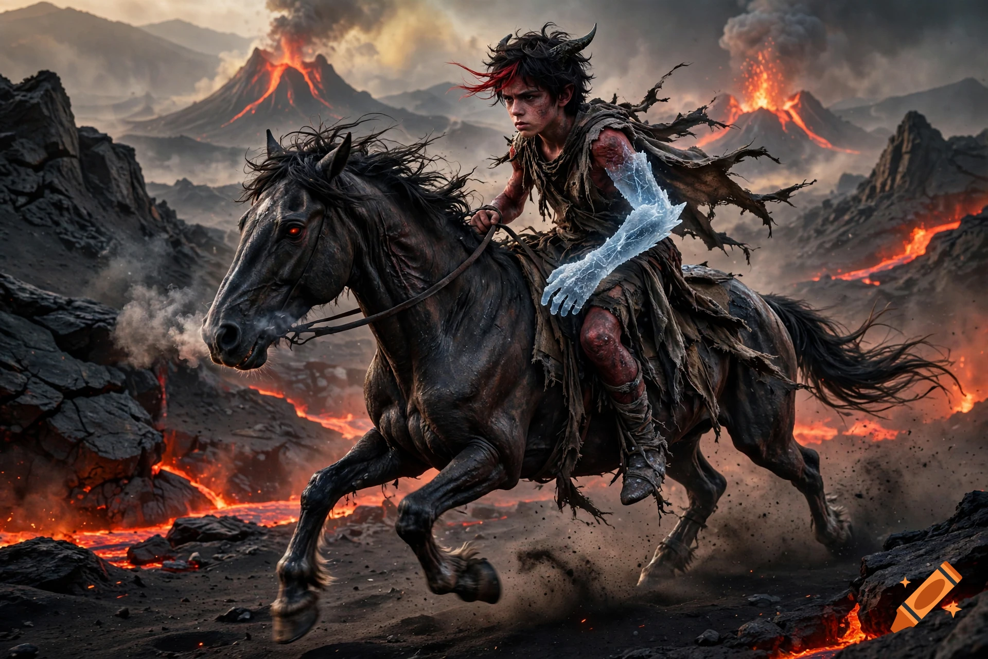 A young male tiefling with horns, red skin, and an ice prosthetic arm rides a dark horse through a volcanic landscape with erupting volcanoes.