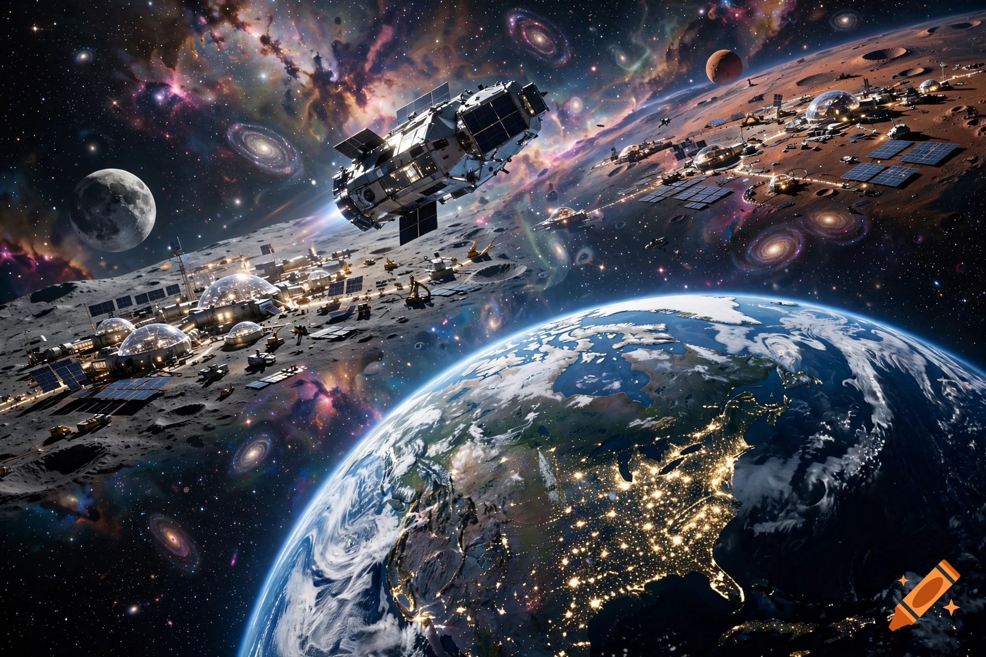 Photorealistic digital art of planet Earth, the moon with a human colony, a spacecraft, and Mars in the background with galaxies.
