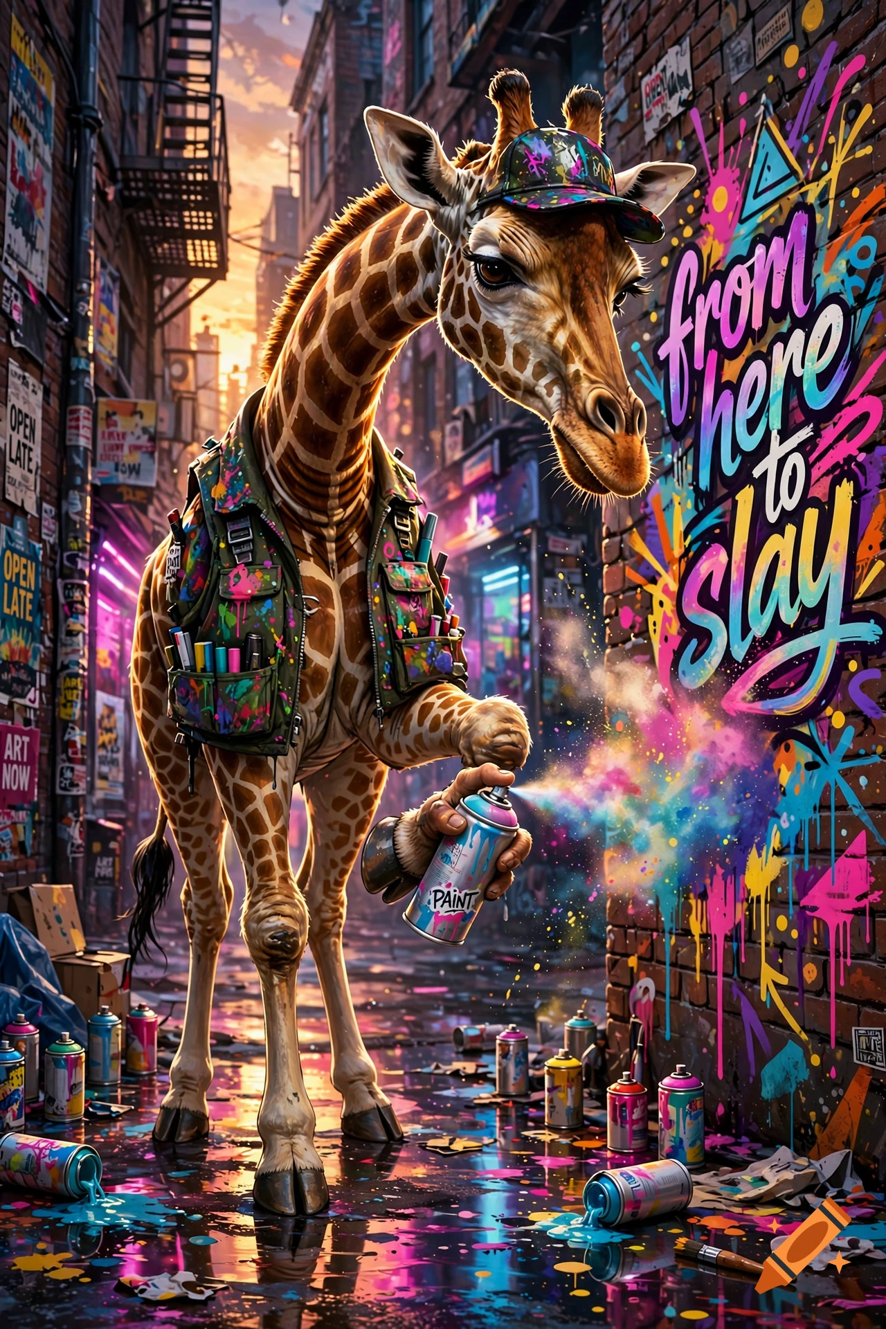 An anthropomorphic giraffe in a vest and baseball cap spraying graffiti on a brick wall in an alleyway, vibrant digital art style.