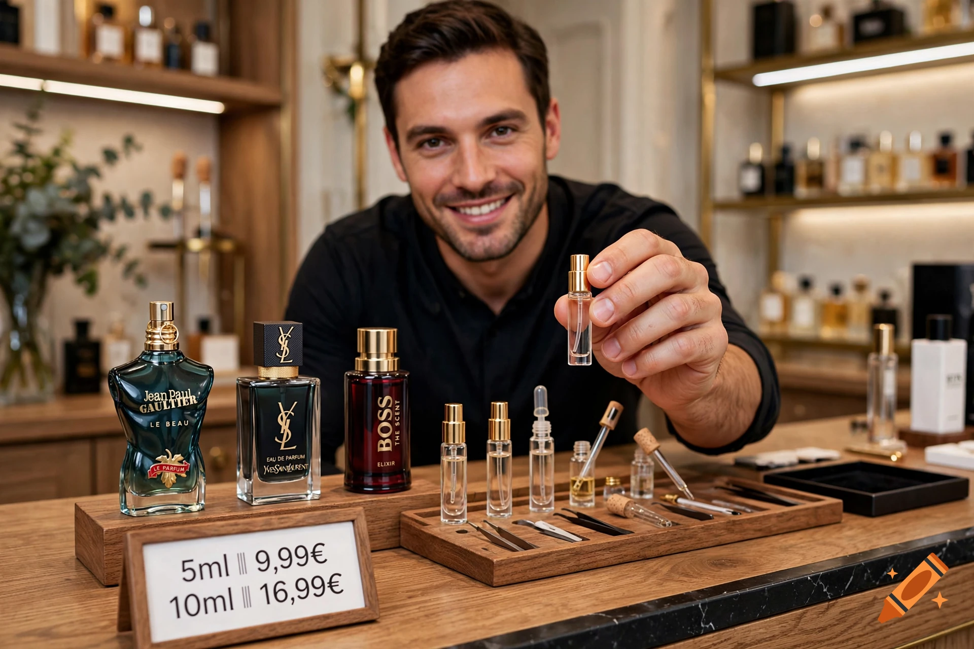 Smiling man holding a perfume sample vial in a store surrounded by designer perfume bottles and a pricing sign.