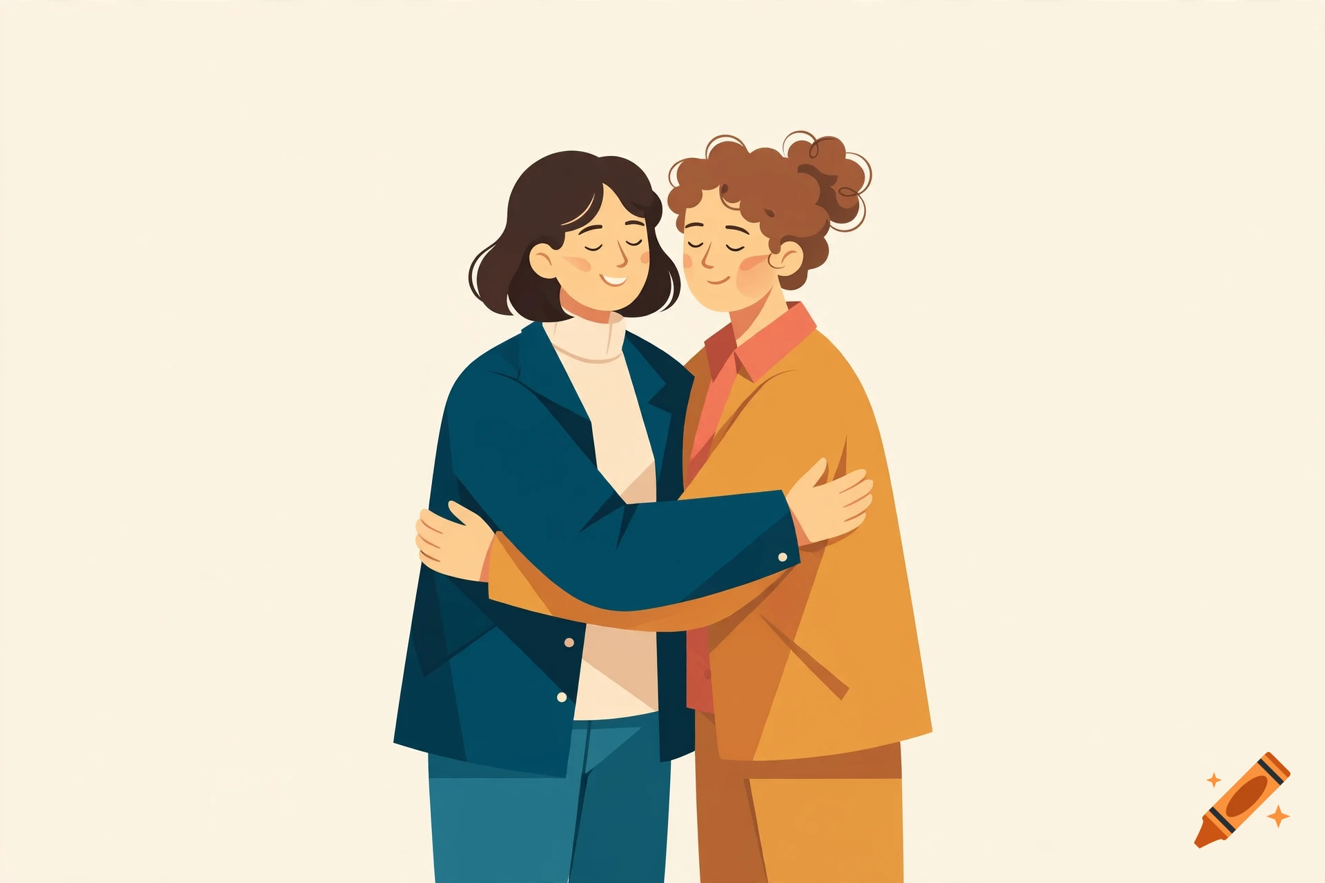 Vector illustration of two smiling women hugging warmly against a pale background.