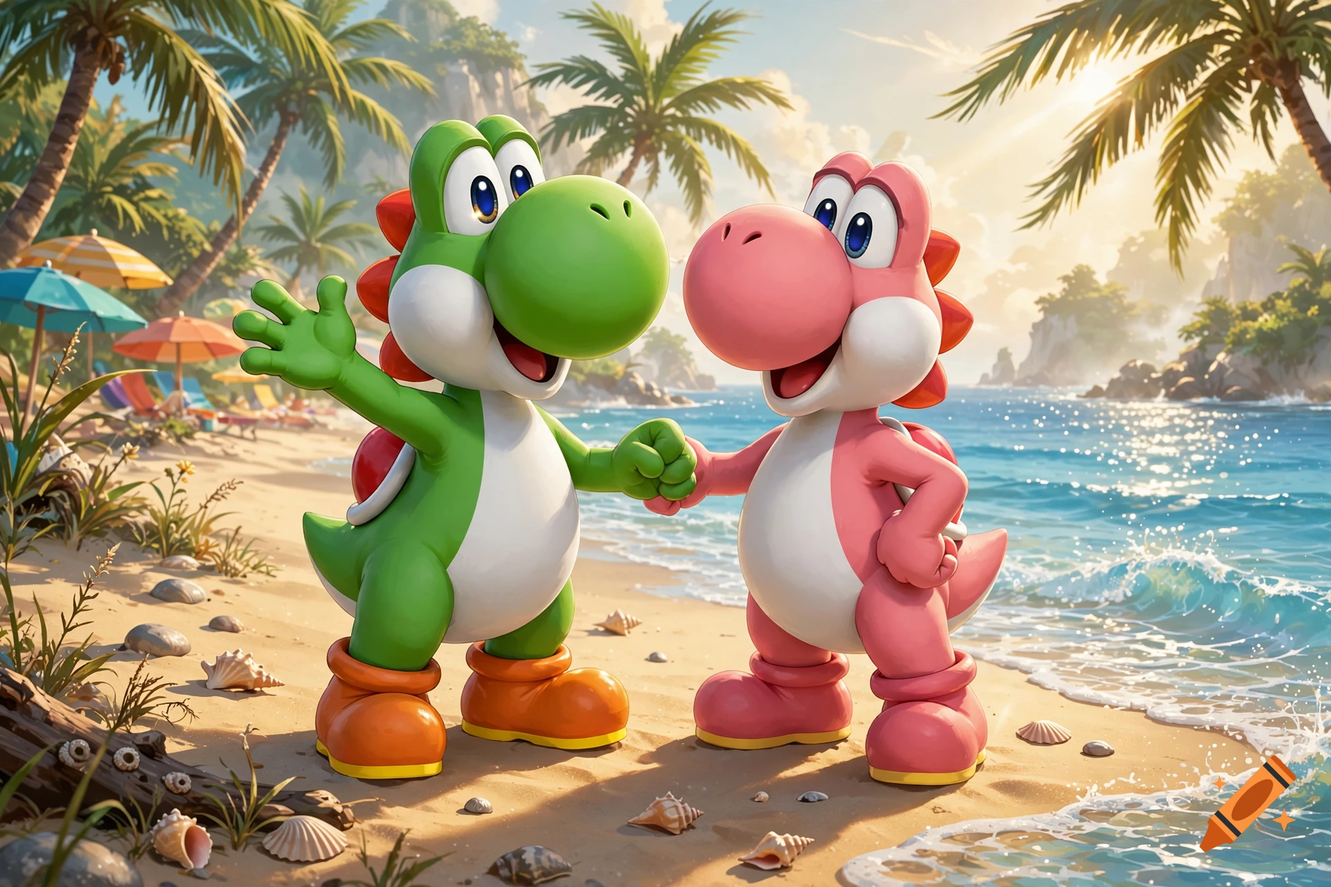 A green Yoshi and a pink Yoshi holding hands and smiling on a sunny tropical beach with palm trees and ocean waves.