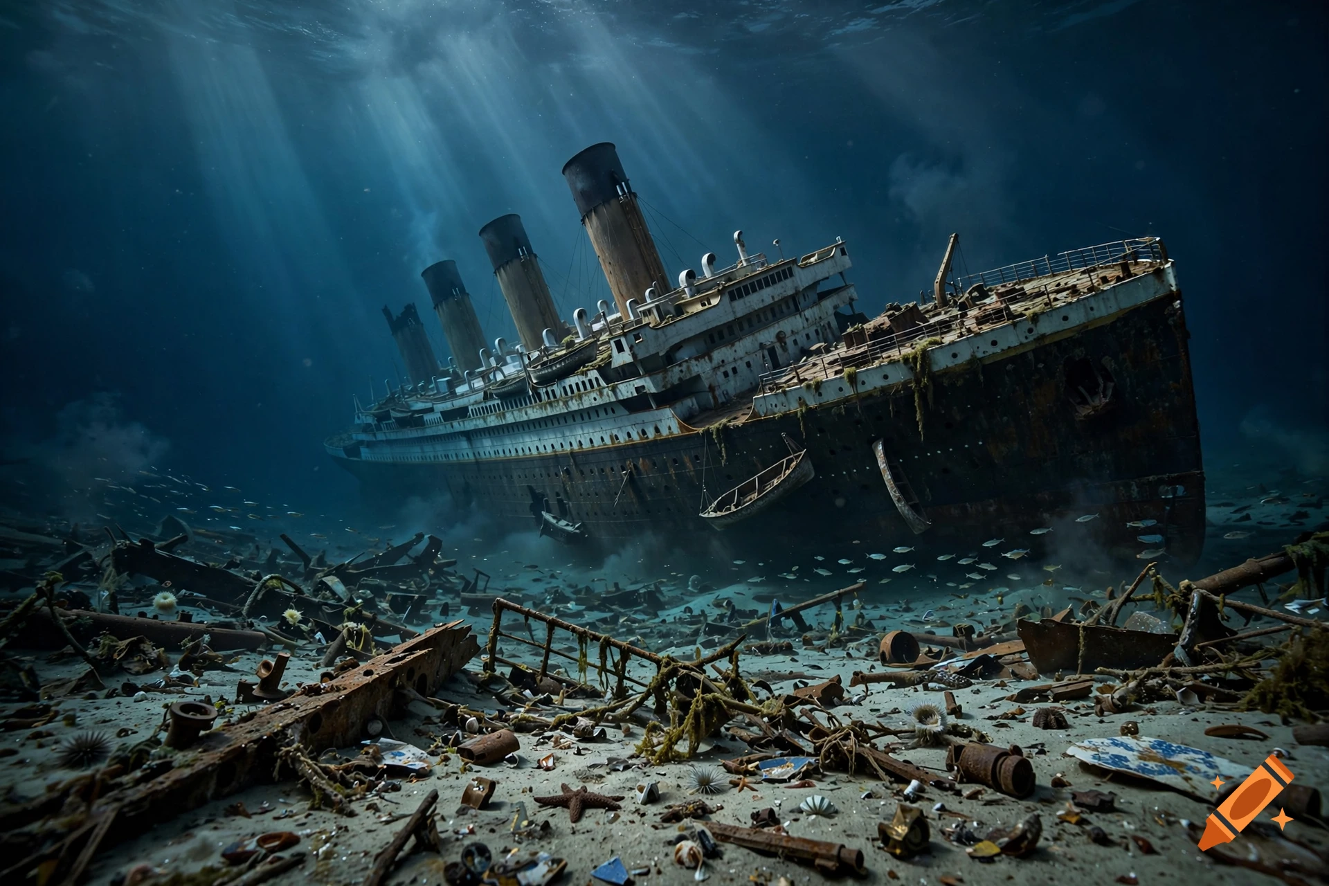 Photorealistic image of a sunken historic ship resting on the ocean floor, surrounded by debris and marine life.