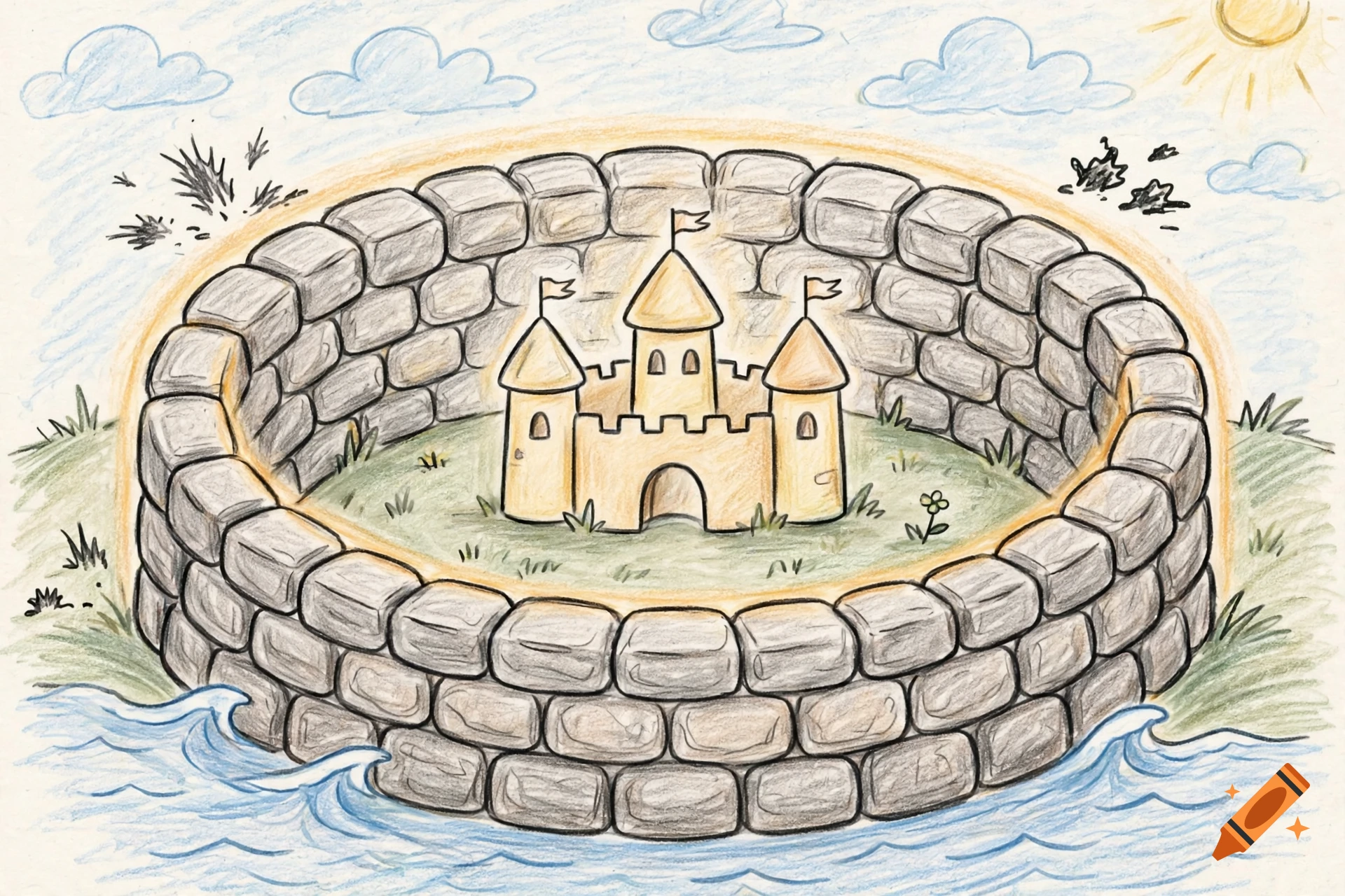 Colored pencil drawing of a fantasy castle inside a thick stone cell wall surrounded by water and clouds.