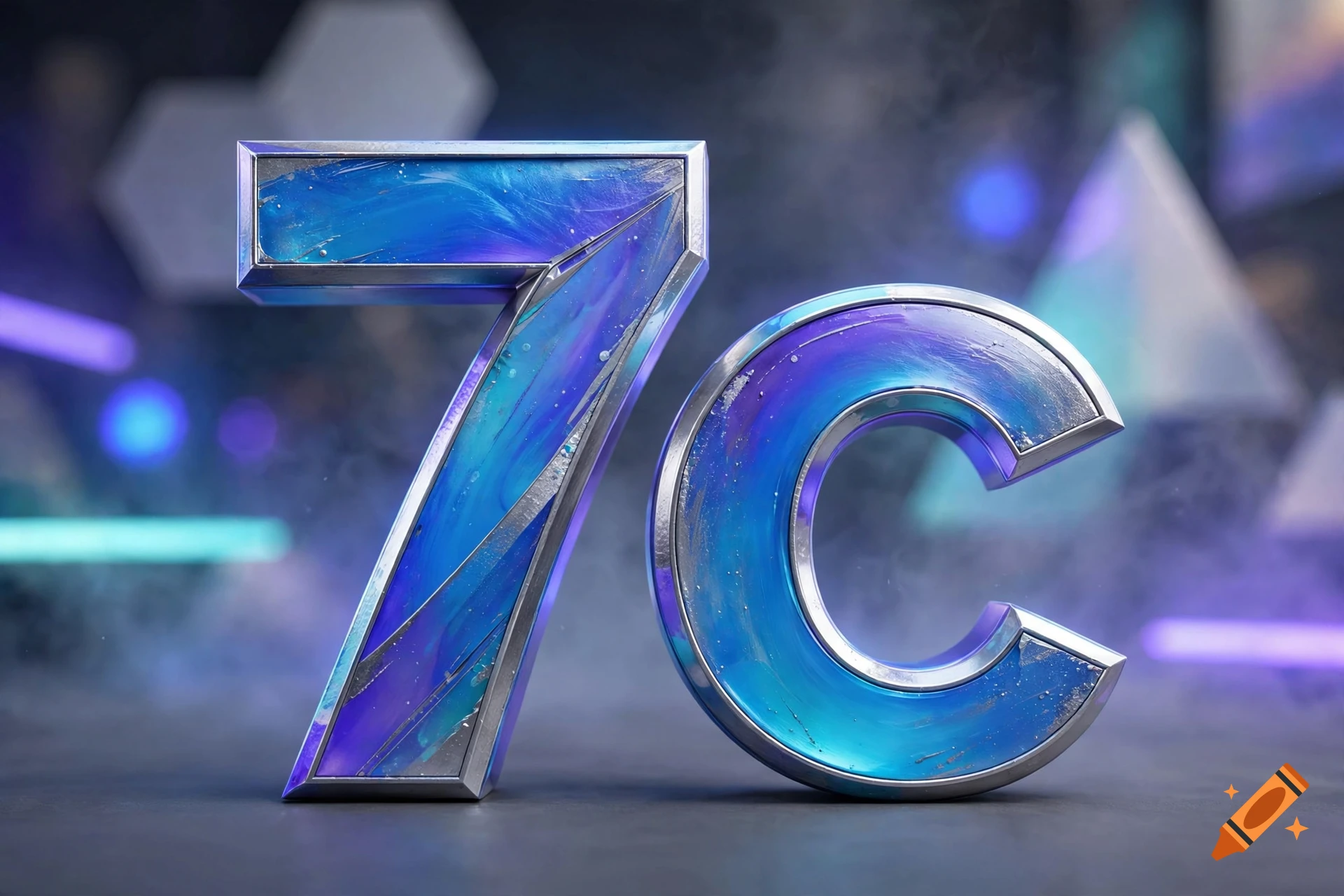 A 3D rendering of the letters 7C in a futuristic metallic and blue marbled finish against a smoky background.