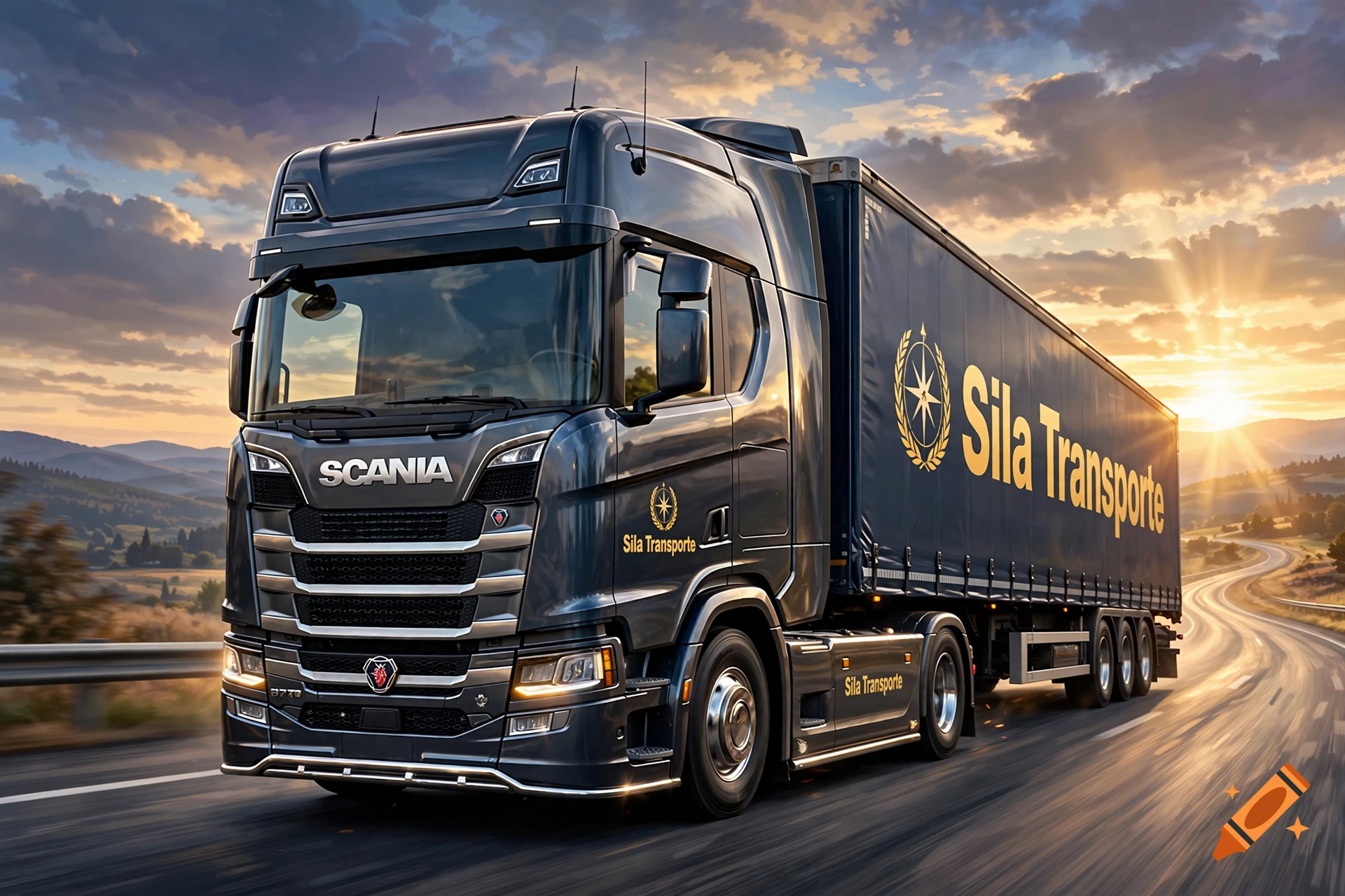 Photorealistic dark grey Scania semi-truck with 'Sila Transporte' logo driving on a coastal highway at sunset.