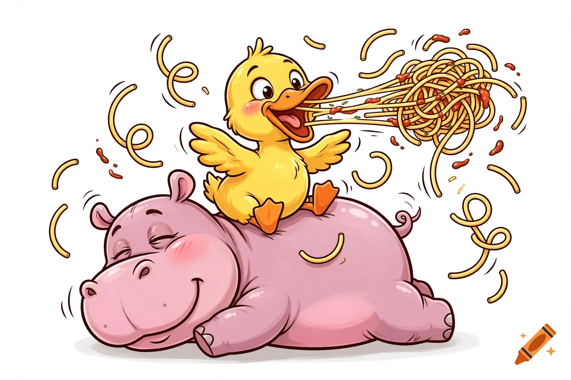Cartoon illustration of a yellow duck riding on the back of a pink hippopotamus, eating spaghetti with sauce.