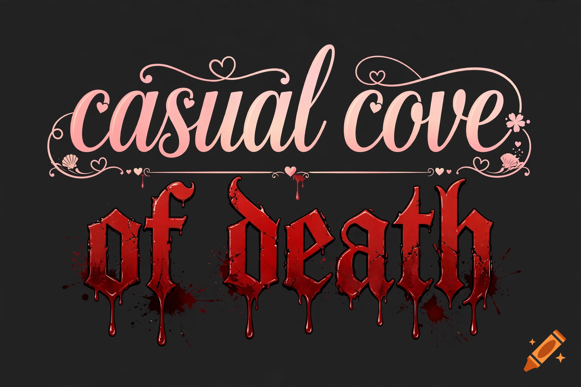 Logo with pink cursive text reading casual cove above red blood-dripping gothic text reading of death on a dark background