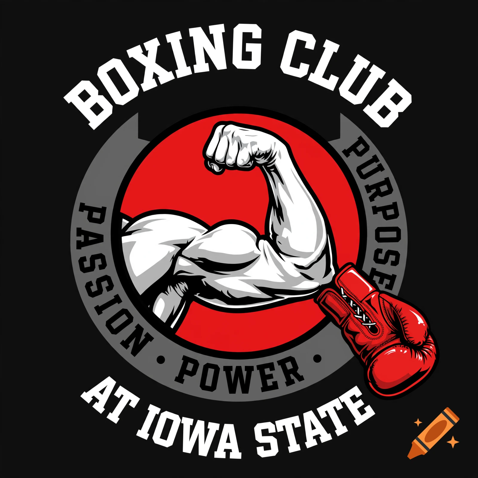 Boxing club logo with a flexing arm and red boxing glove inside a red and grey circle.