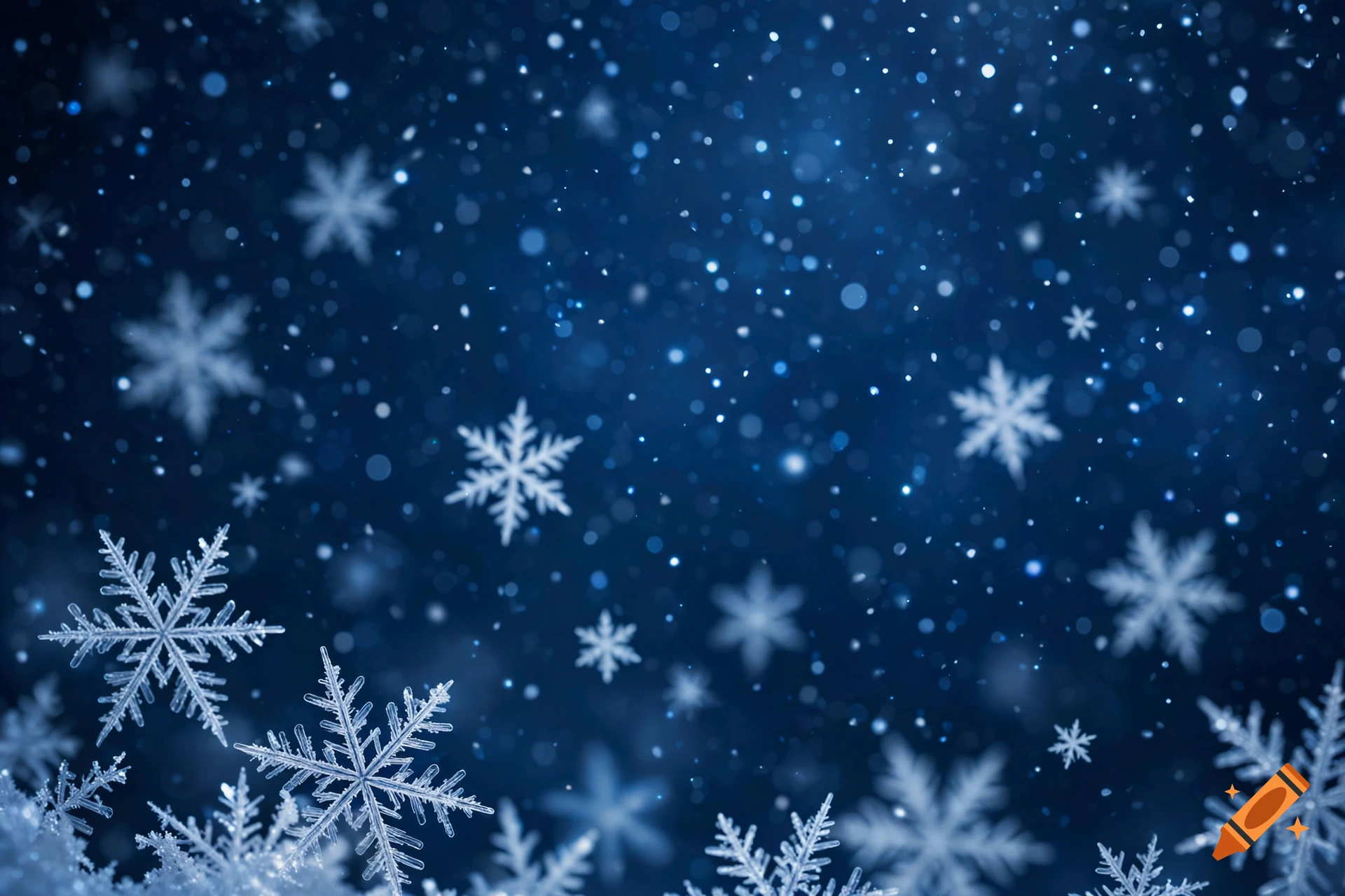 Detailed intricate snowflakes against a dark blue winter background with glowing particles.
