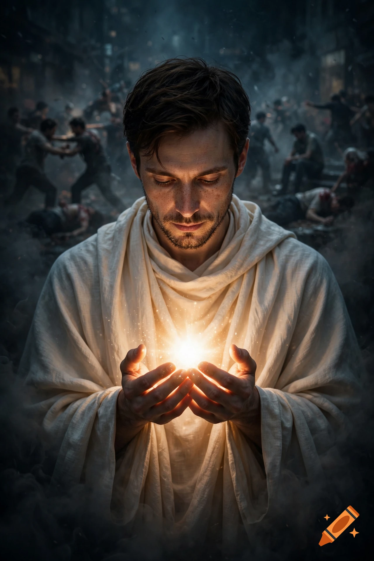 Photorealistic depiction of a humble man in white robes cradling a glowing orb of light between his hands amidst a chaotic background.