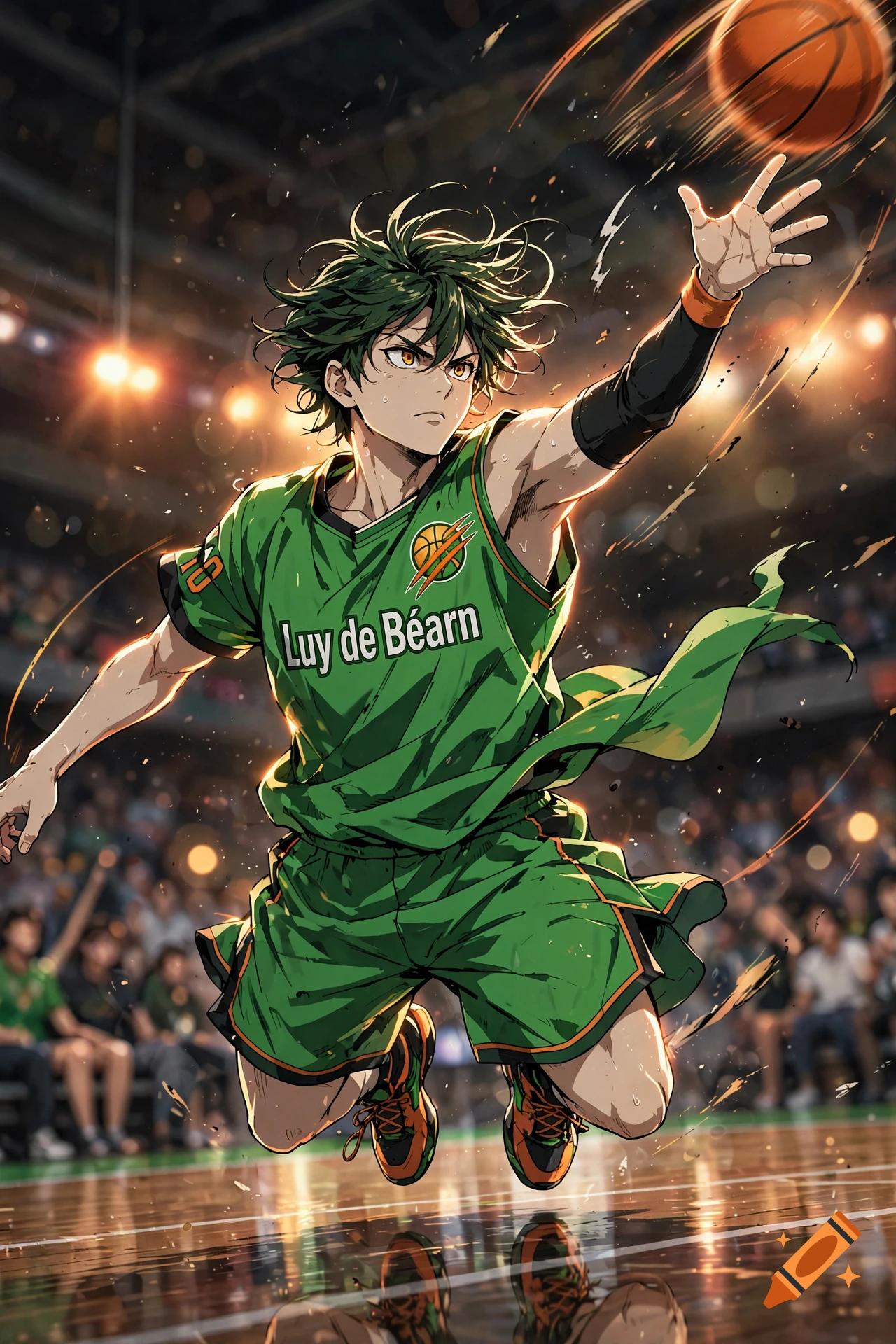 An anime-style basketball player in a green jersey leaping to shoot a basketball in a crowded arena.