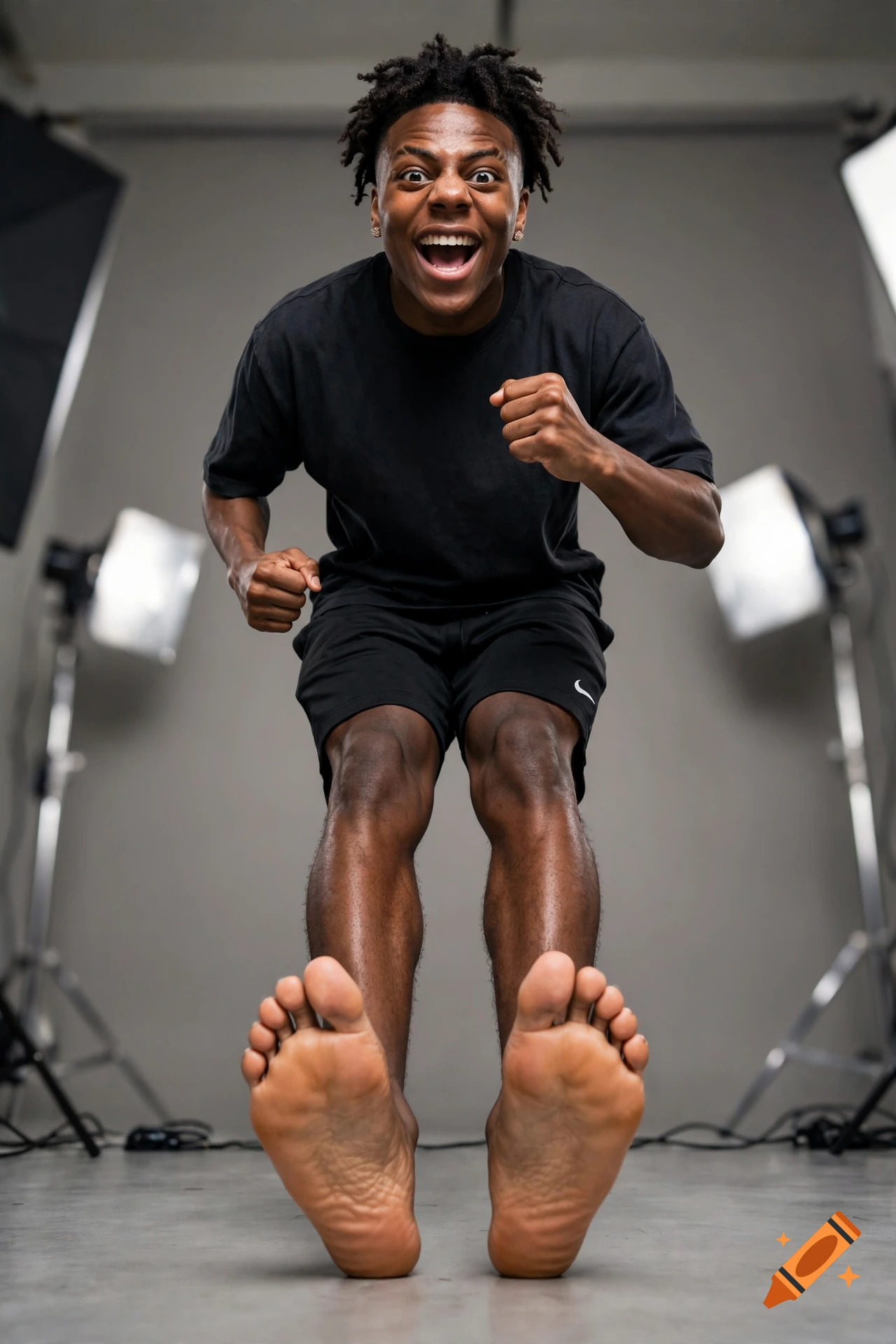 Photorealistic image of a joyful man jumping towards the camera in a studio with professional lighting.