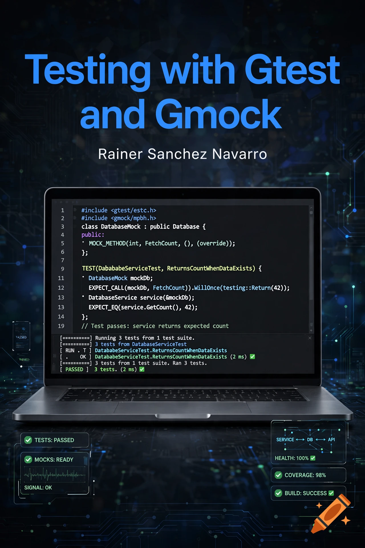 Digital book cover for Testing with Gtest and Gmock featuring a laptop displaying code and status indicators.