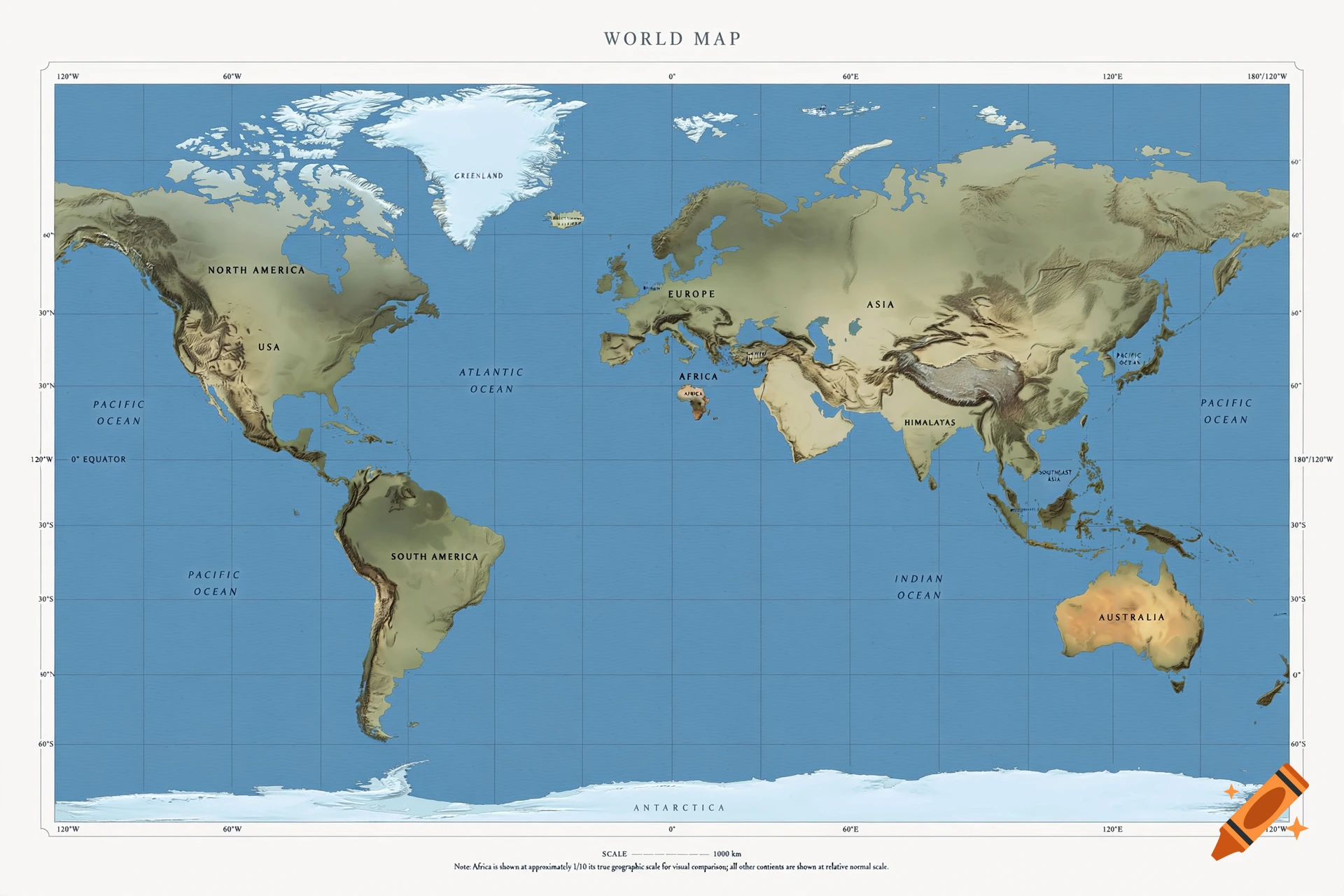 A world map with all continents normally proportioned except Africa, which is depicted as tiny.