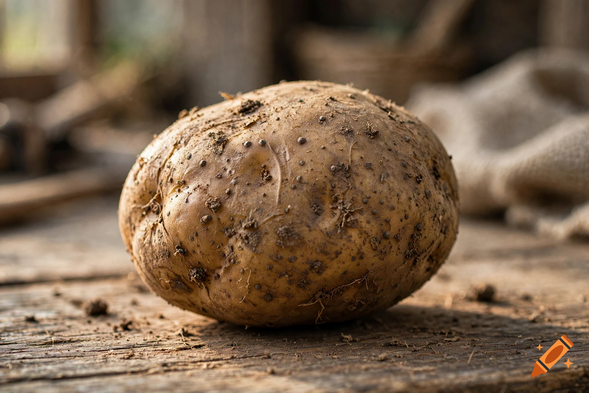 Close-up photorealistic shot of a dirty brown potato resting on a rustic wooden table.