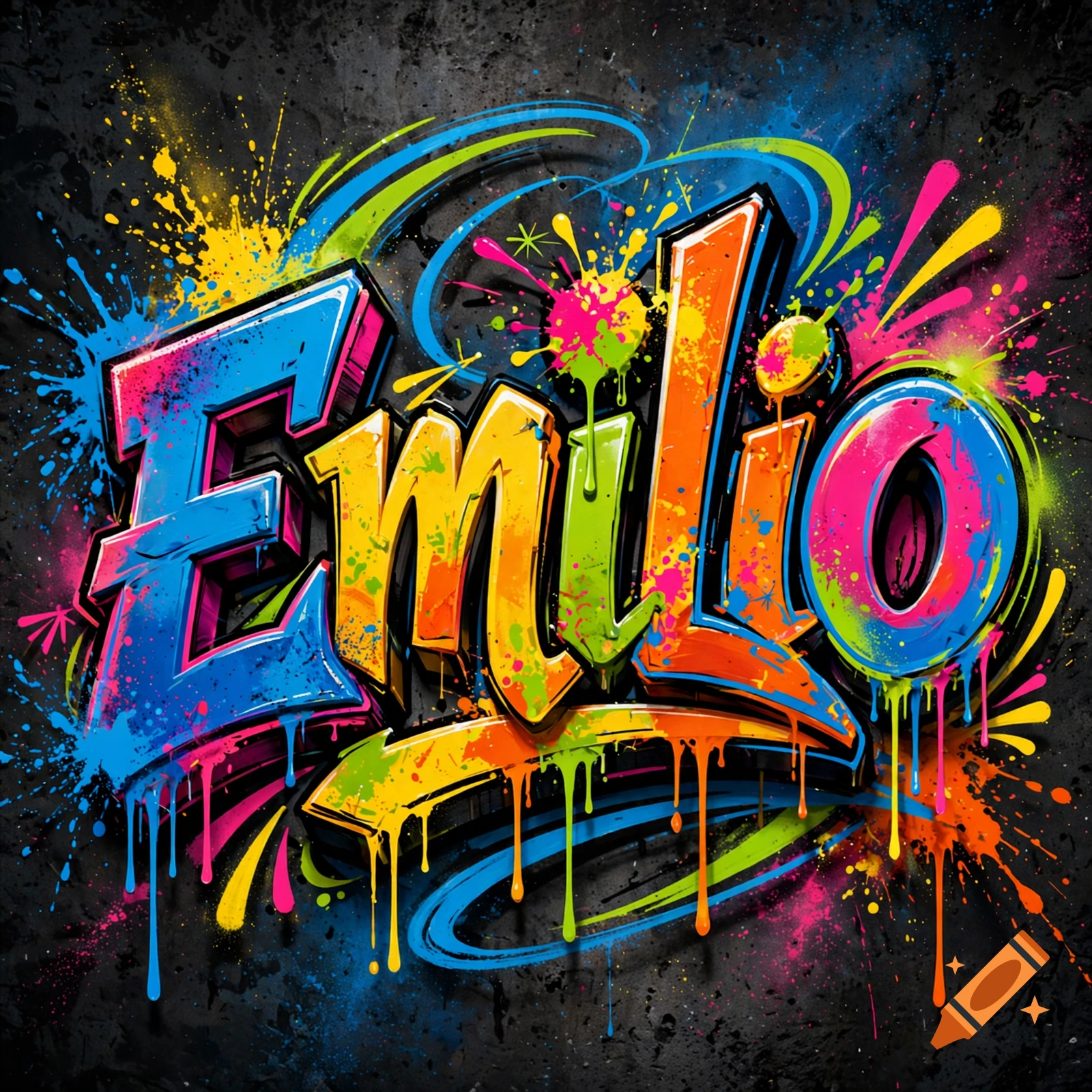 Colorful graffiti spray paint style typography spelling Emilio on a dark textured background.