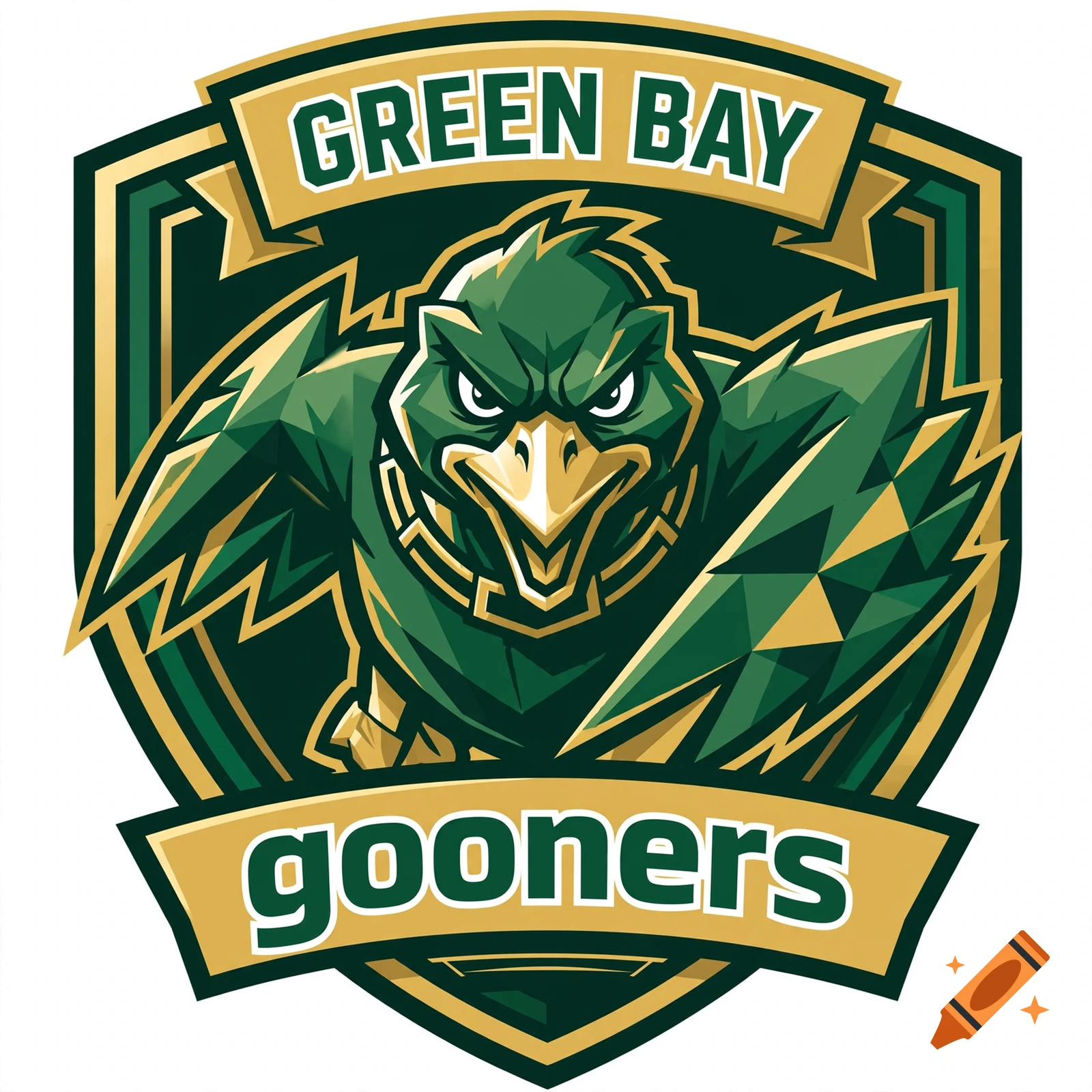 Green Bay gooners team logo featuring an aggressive green and gold bird mascot in a shield crest.