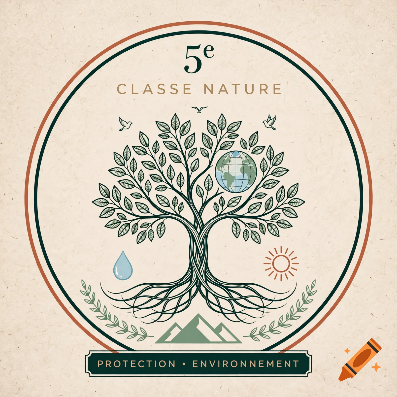 Round emblem for a nature and environment class featuring a central tree, globe, sun, water drop, mountains, and French text.