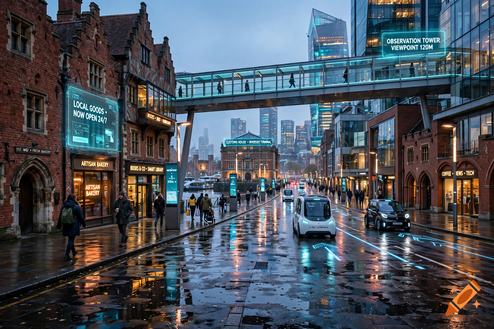 Photorealistic futuristic street scene in Kings Lynn at dusk with glowing holographic signs, autonomous cars, and an elevated glass walkway.