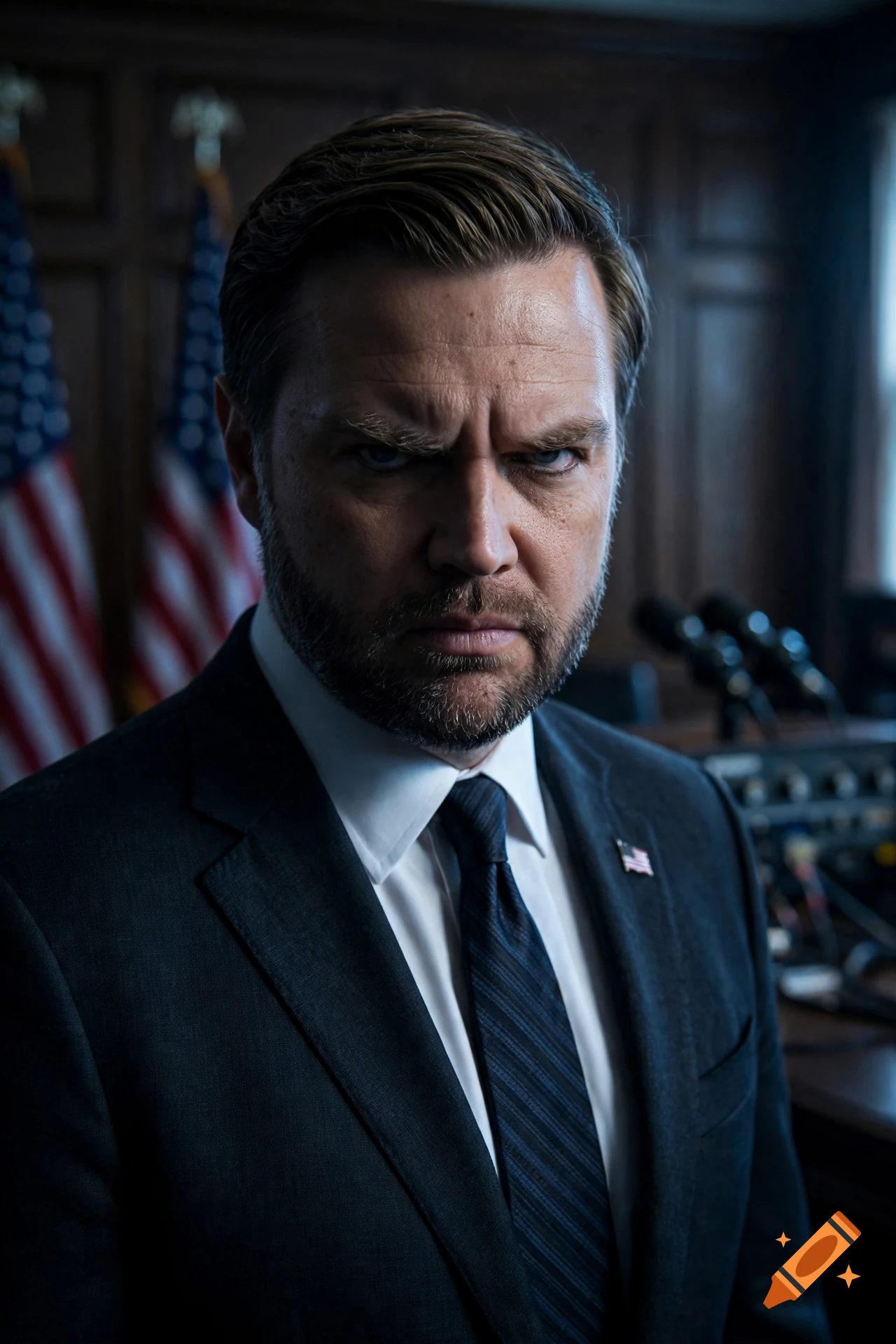 Photorealistic portrait of a man resembling JD Vance with an angry expression in a wood-paneled room with American flags.