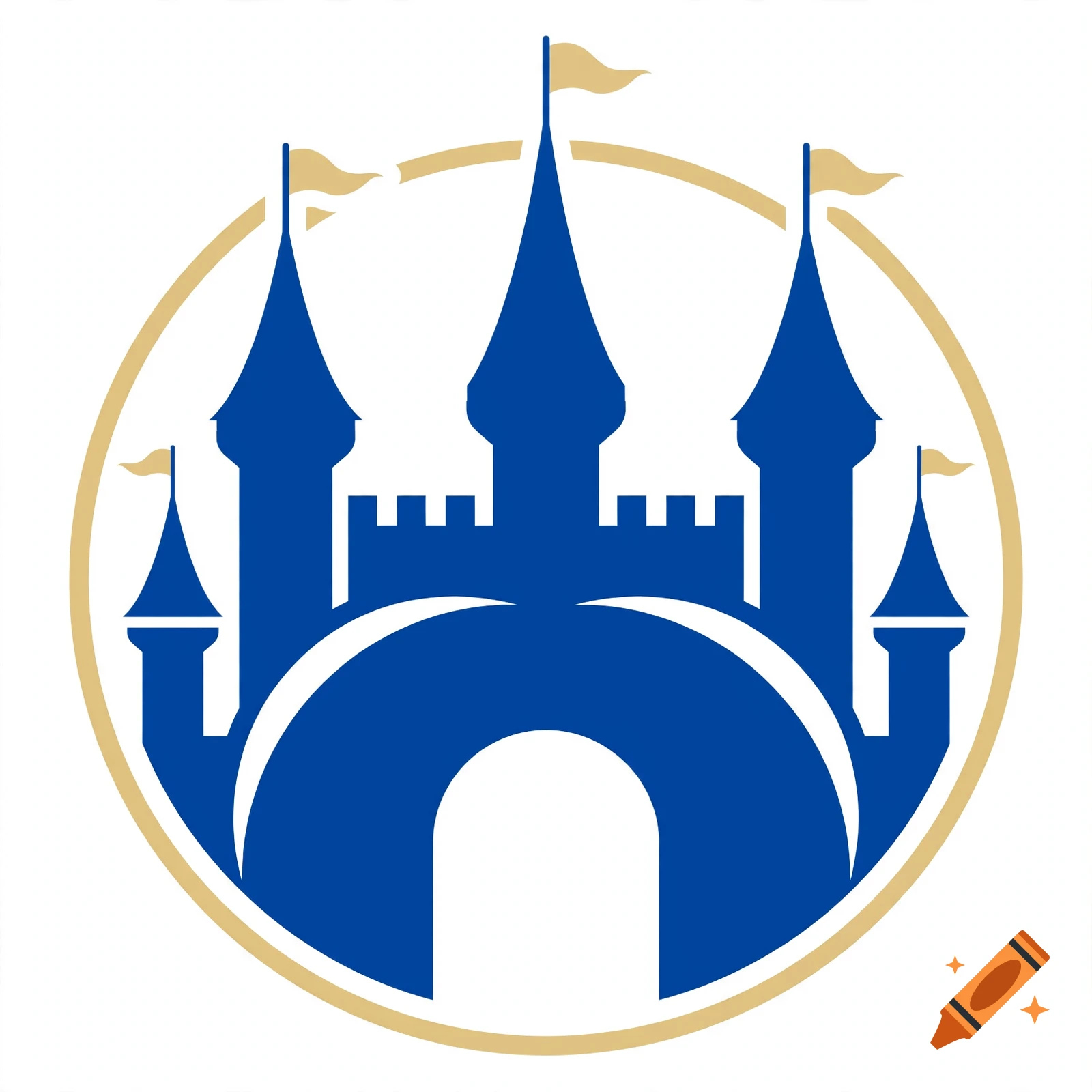 Blue castle logo with a gold circular frame and flags on towers in a minimalist vector style.