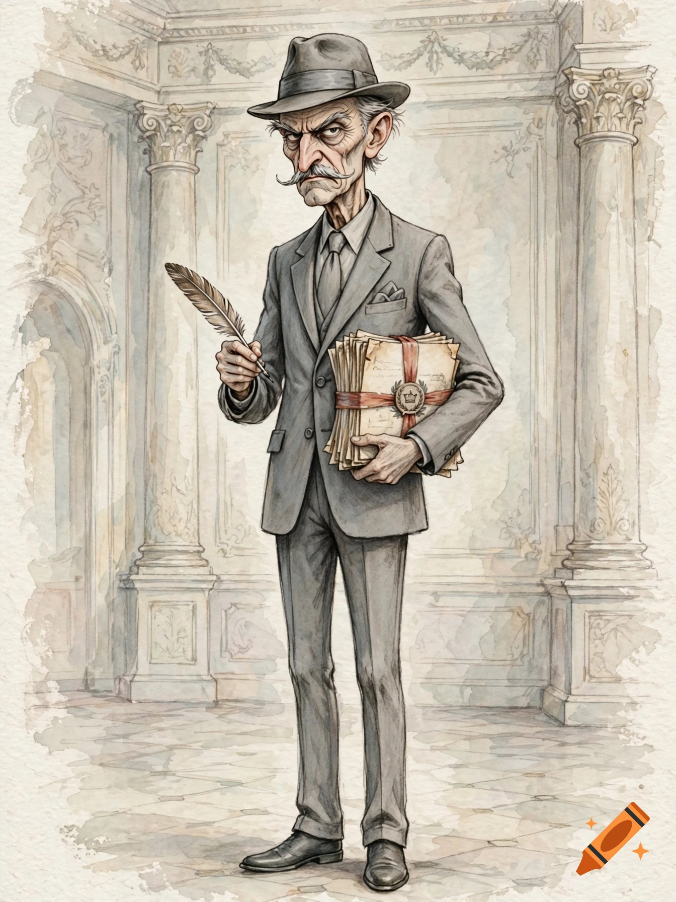 Watercolor illustration of a tall, thin, grumpy elderly man in a gray suit and fedora, holding a stack of documents and a feather pen.