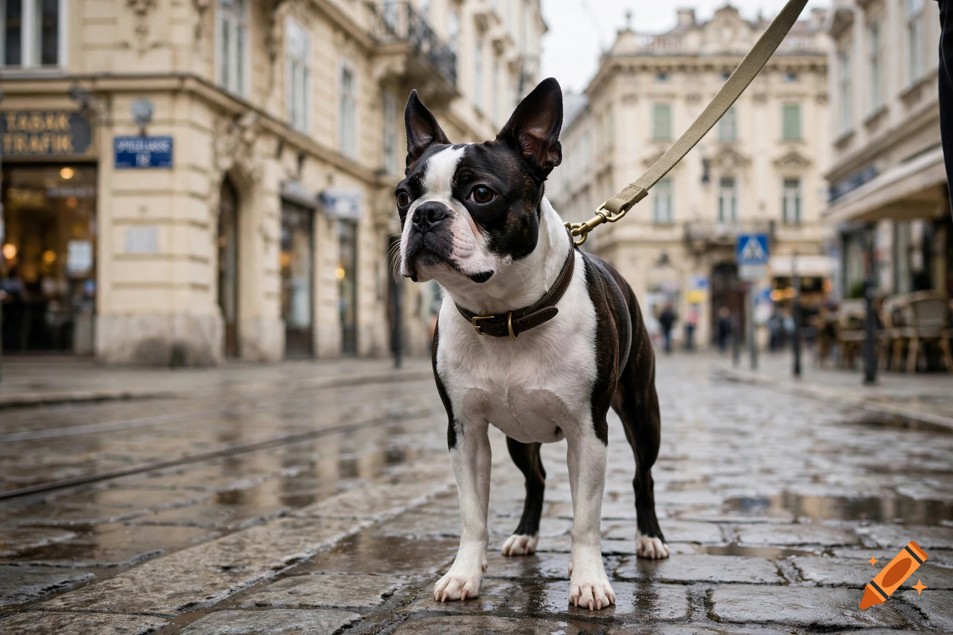 A Boston terrier stands on a wet cobblestone street in a European city, wearing a brown collar and leash.